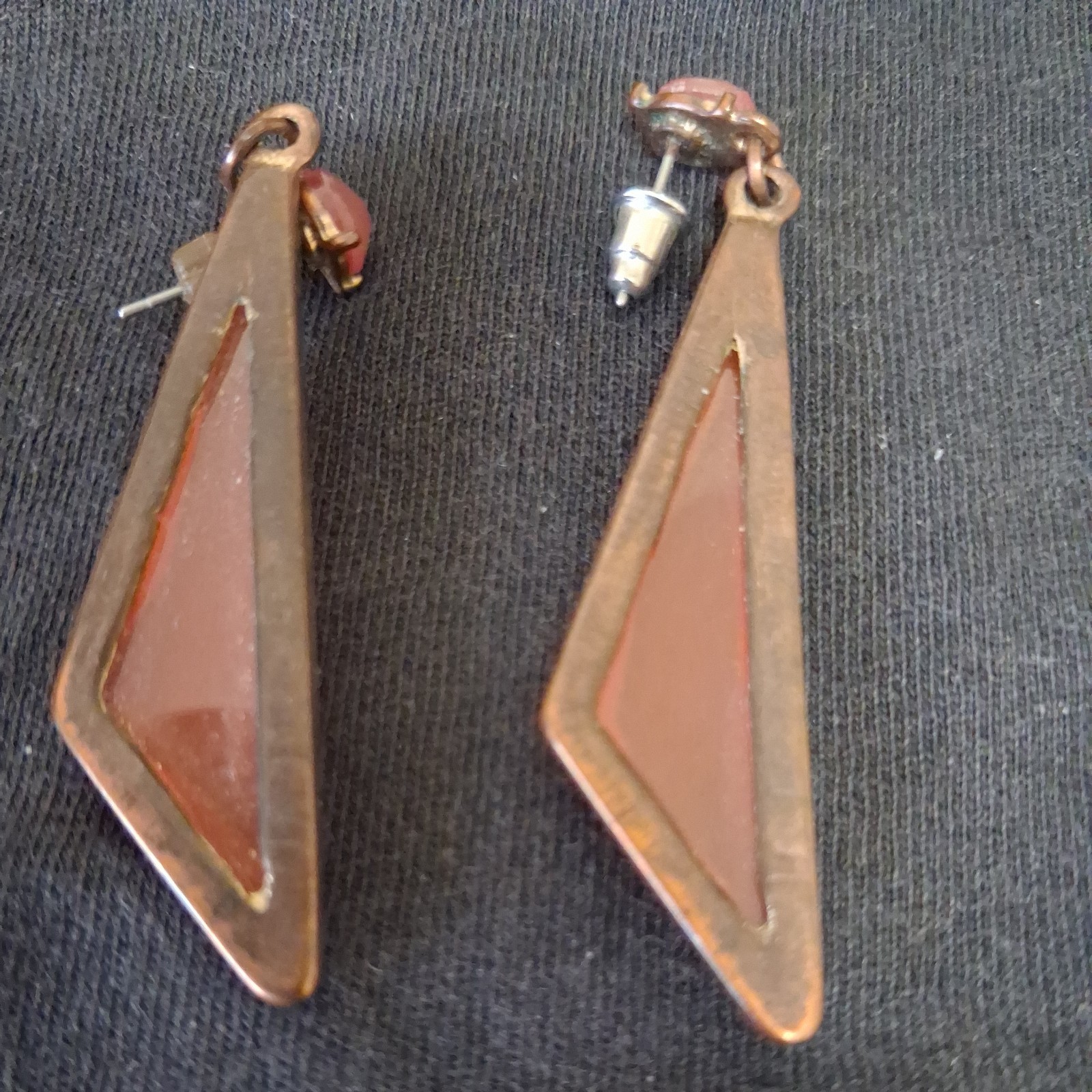 Vintage Long Triangular Vintage Burnt Sienna Acrylic Dangle Earrings