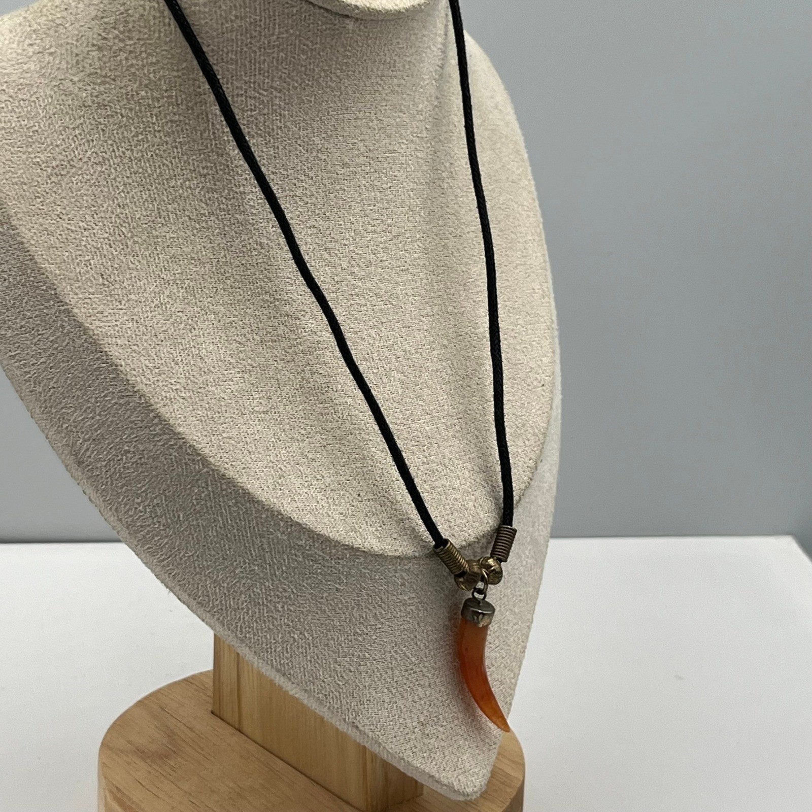 Vintage Black Cord Necklace Faux Horn Orange Tusk Pendant Tribal Statement Charm