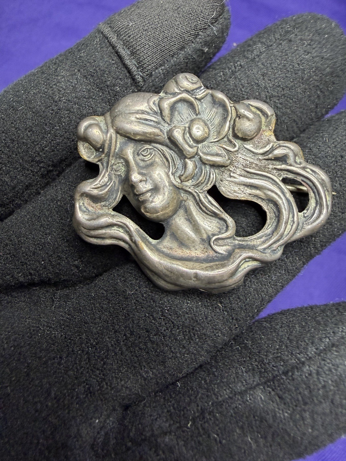 Antique Art Nouveau Sterling Top Lady Portrait Brooch Pin Floral Hair