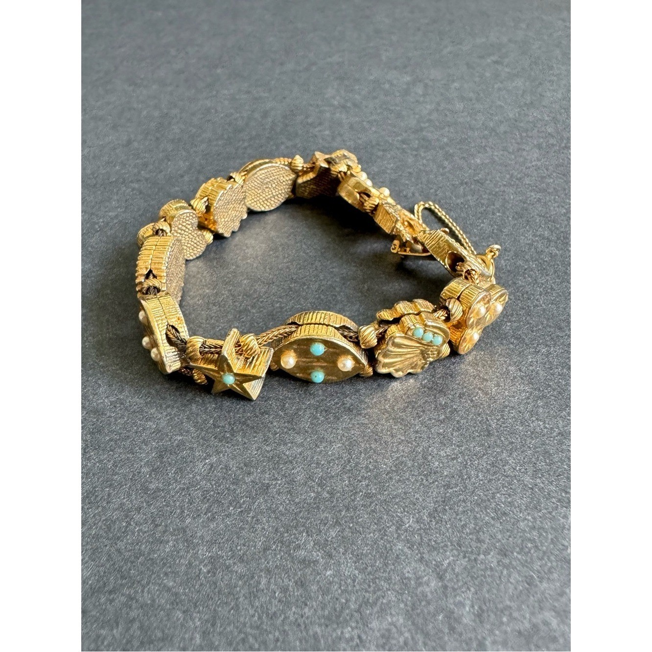Vintage Victorian Revival Slide Charm Bracelet 60s Sweetheart Lucky Gold Tone