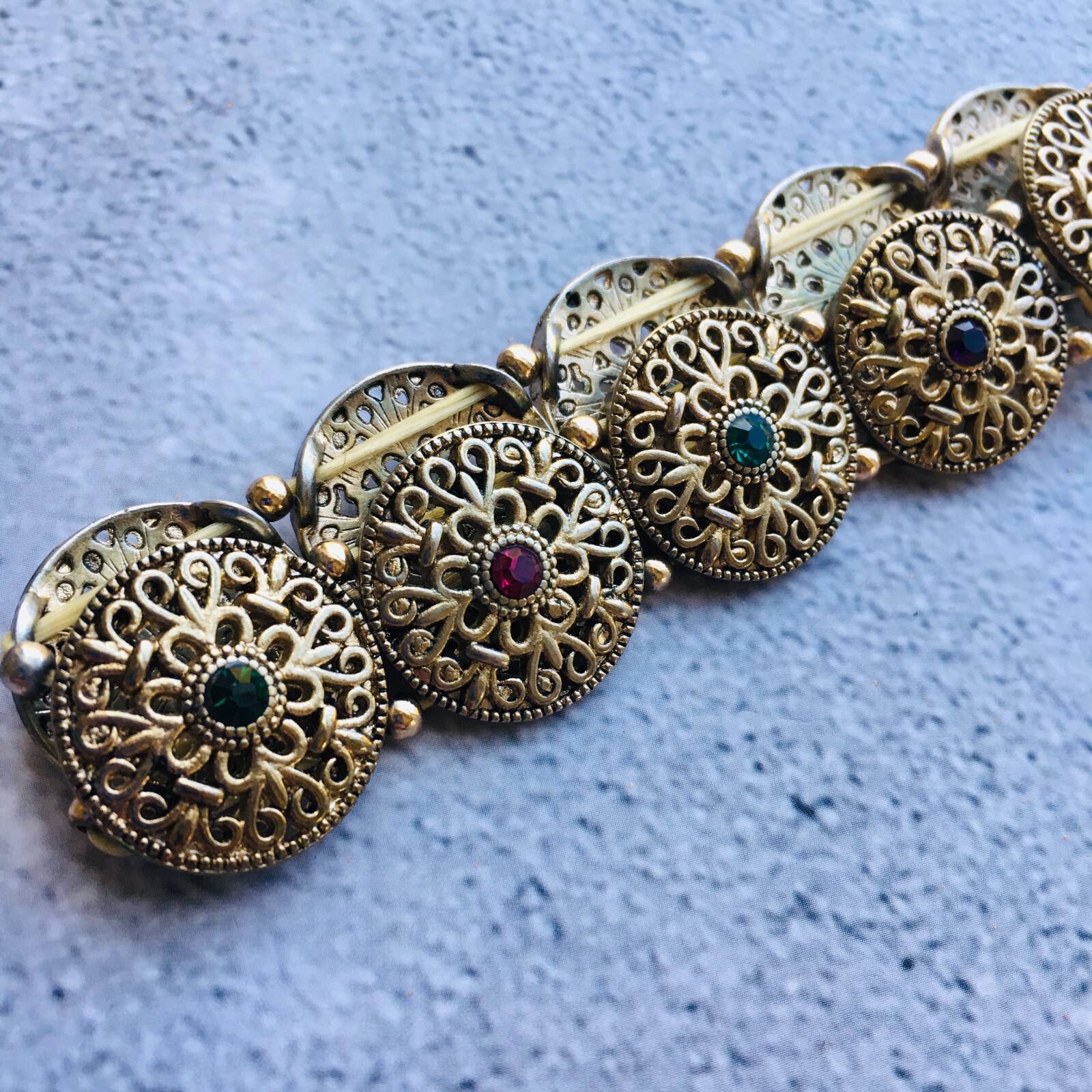 Gold Tone Filigree Multi Colored Rhinestone Expanding Bracelet 4″