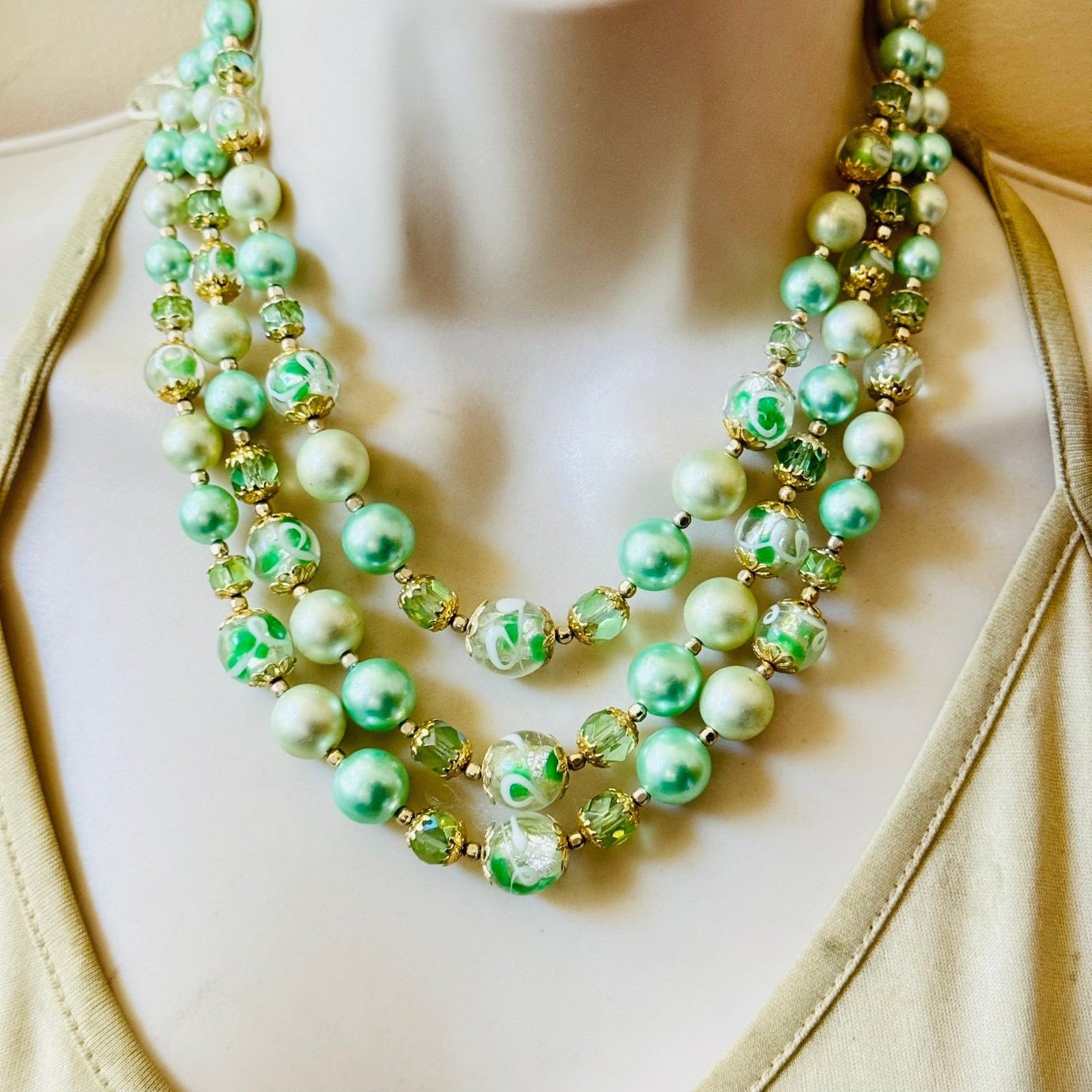 Japan Necklace VTG Pearl Green Glass AB crystal Multi Beads triple strand 18″