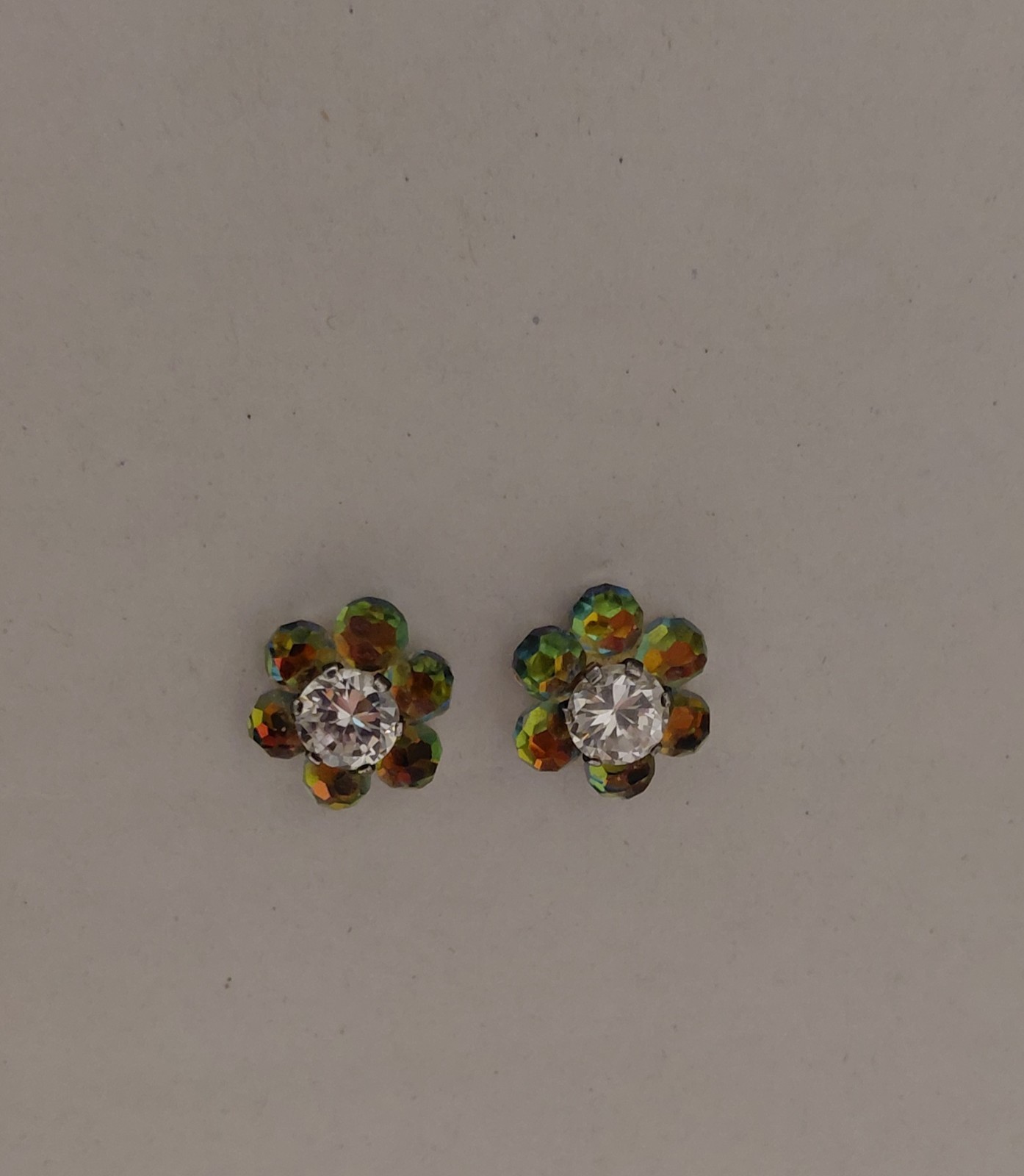 Flower-Shaped Stud Earrings with Aurora Borealis Crystal and Central Clear Stone