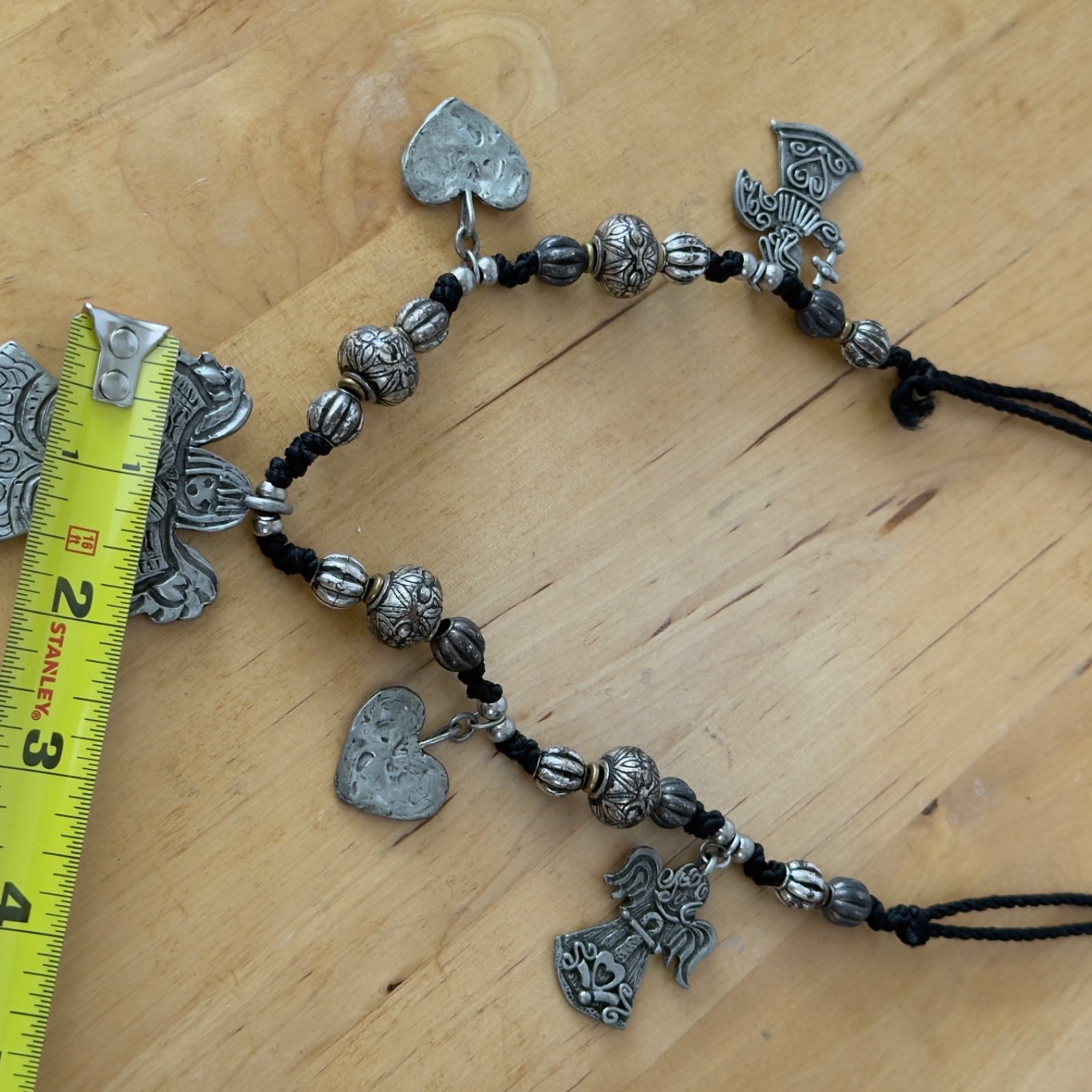 Vintage Signed MARCIE Beaded Pewter 3 Angels Cord Necklace Faith, Hope & Charity