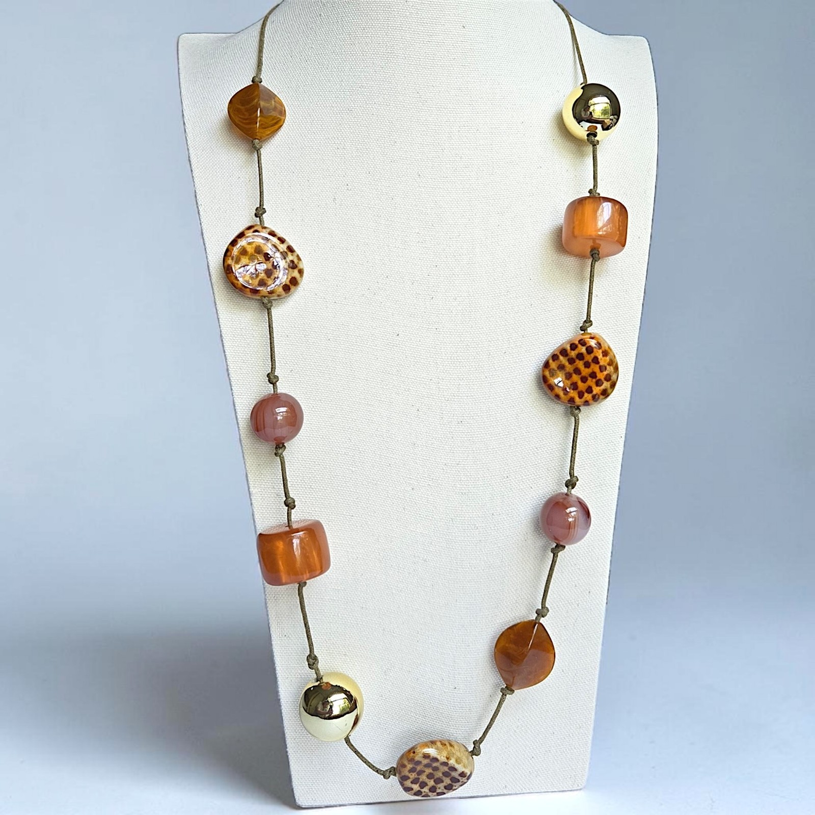 Chunky Earth Tone Ceramic & Marbled Acrylic Knotted Beads Long Necklace Boho 38″