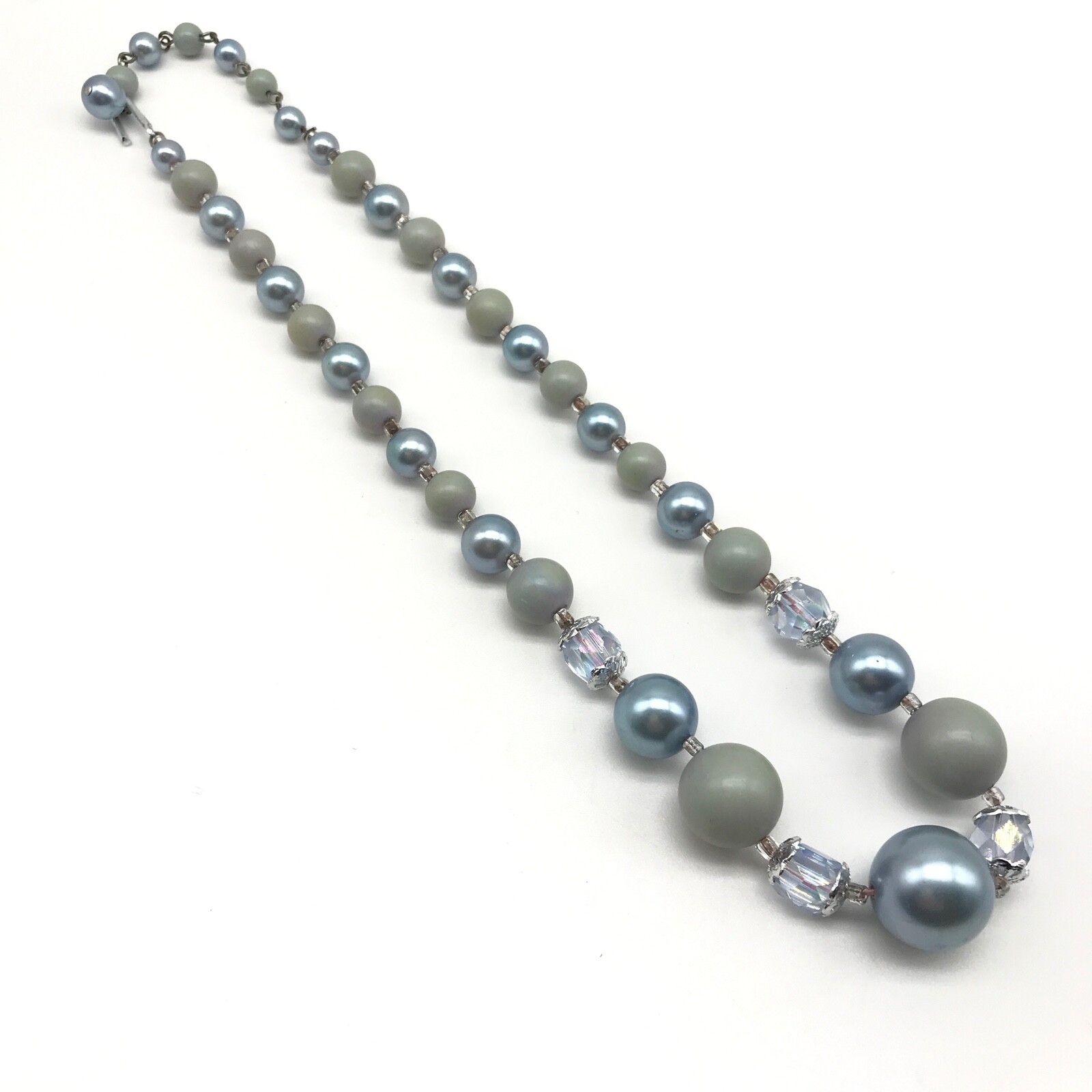 Vintage Japan Blue Gray Acrylic & AB Crystal Beaded Strand Necklace