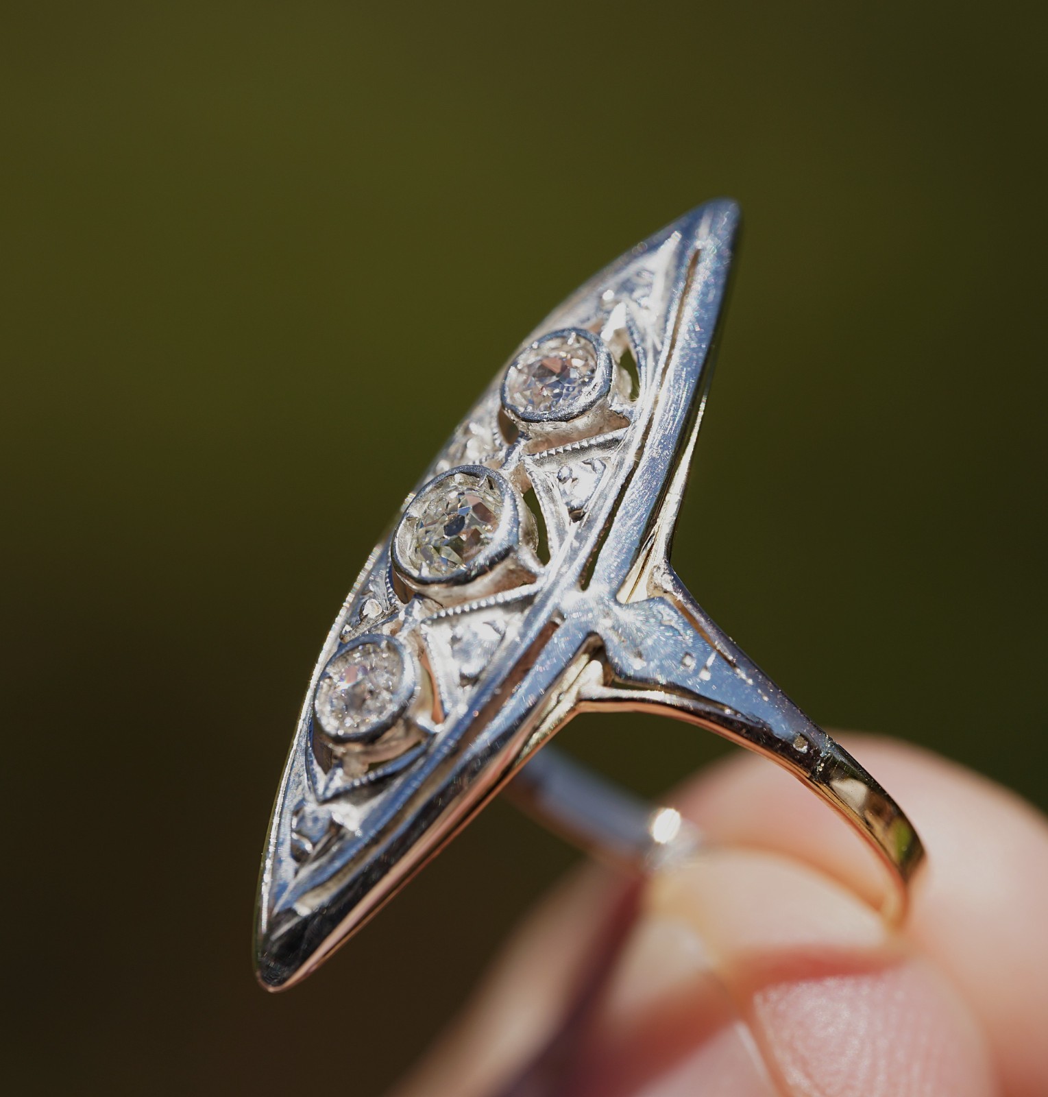 Antique Edwardian 12k Solid Gold Natural Old European Cut Ring Filigree Navette