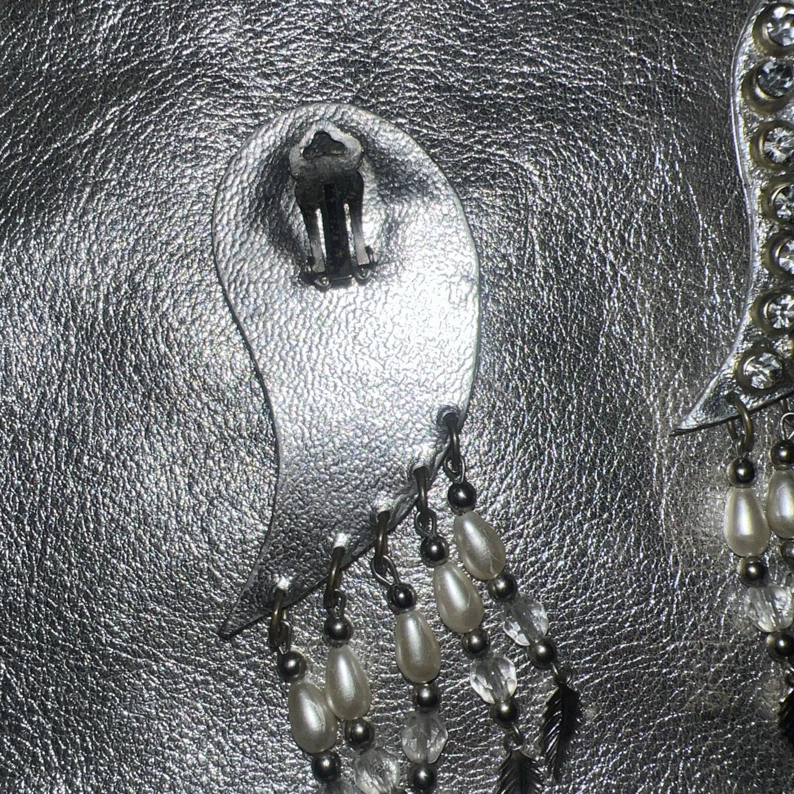Vintage Silver leather Rhinestone And Pearl Lightweight Clip On Paisley Earrings