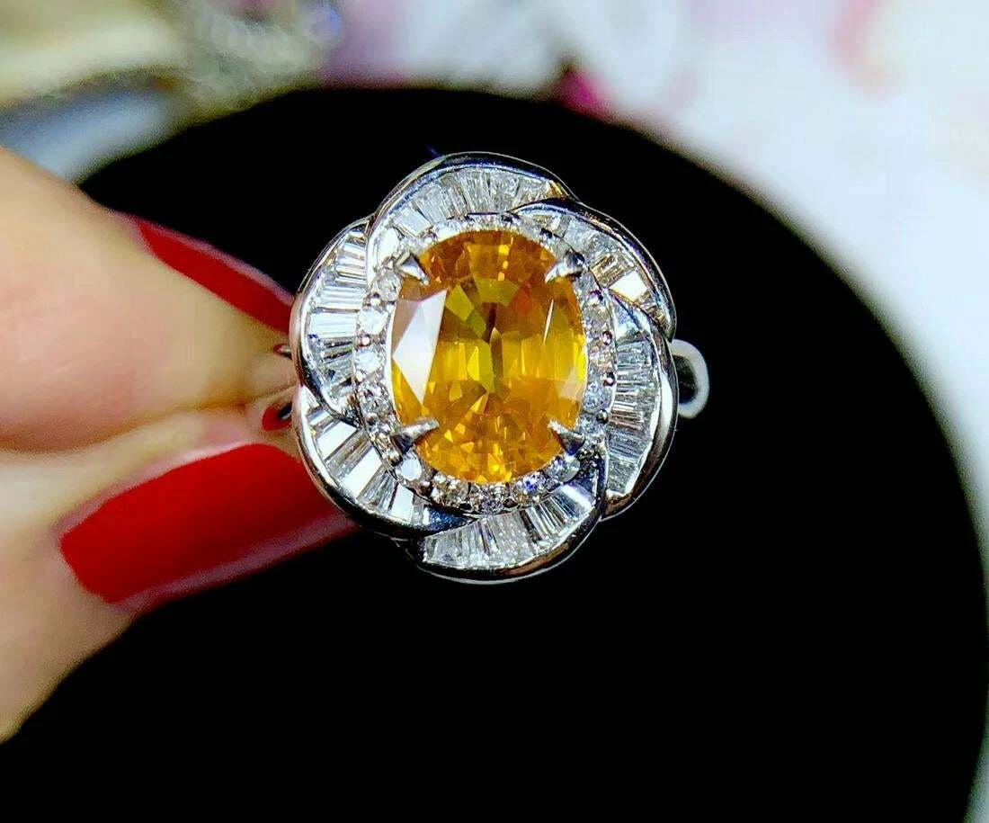 Orange Yellow Oval Shape 2.69CT Citrine With Sparkling White CZ Cluster Ring FN