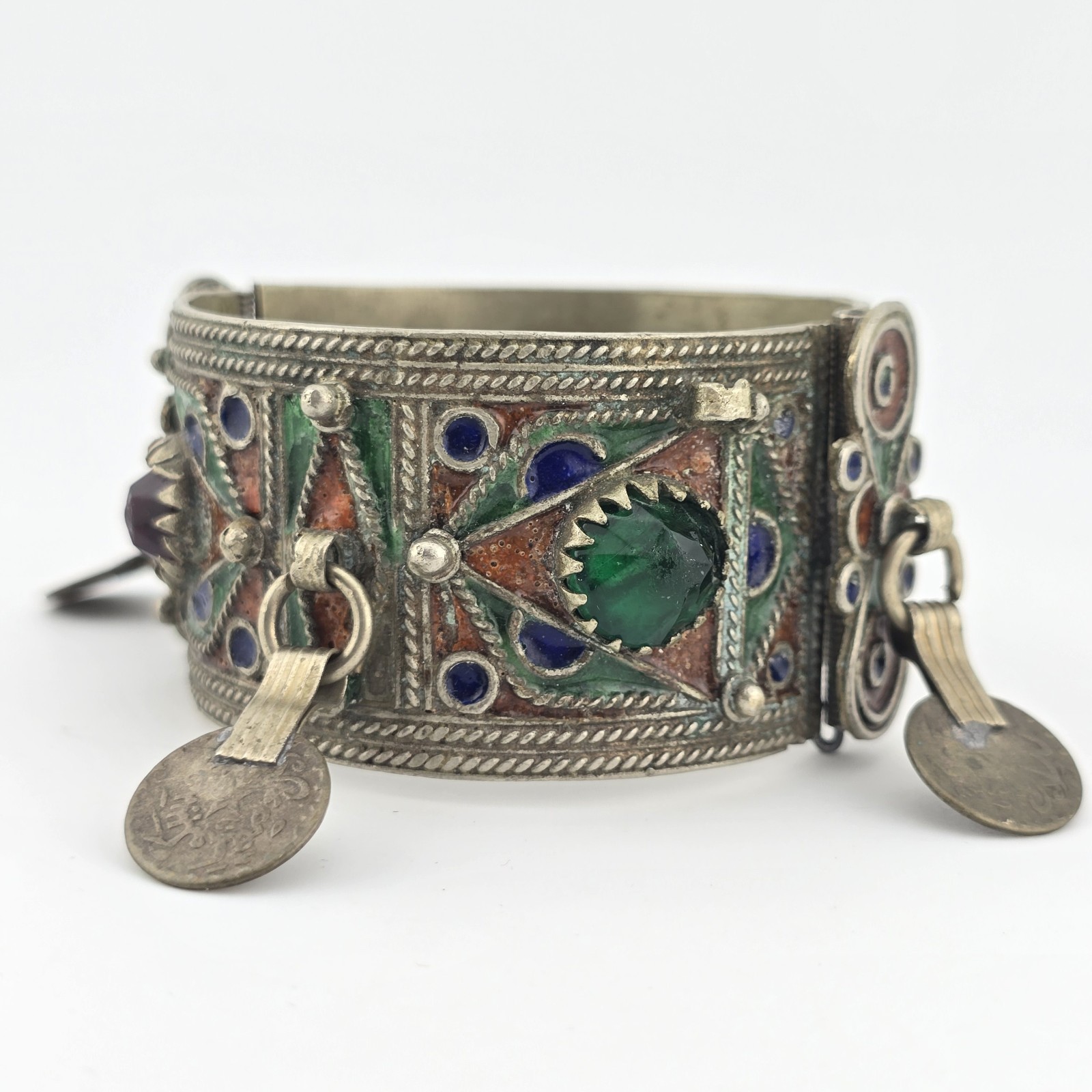 Vintage Berber Moroccan Style Enamel Cuff Bracelet Ethnic Tribal Coin Bangle