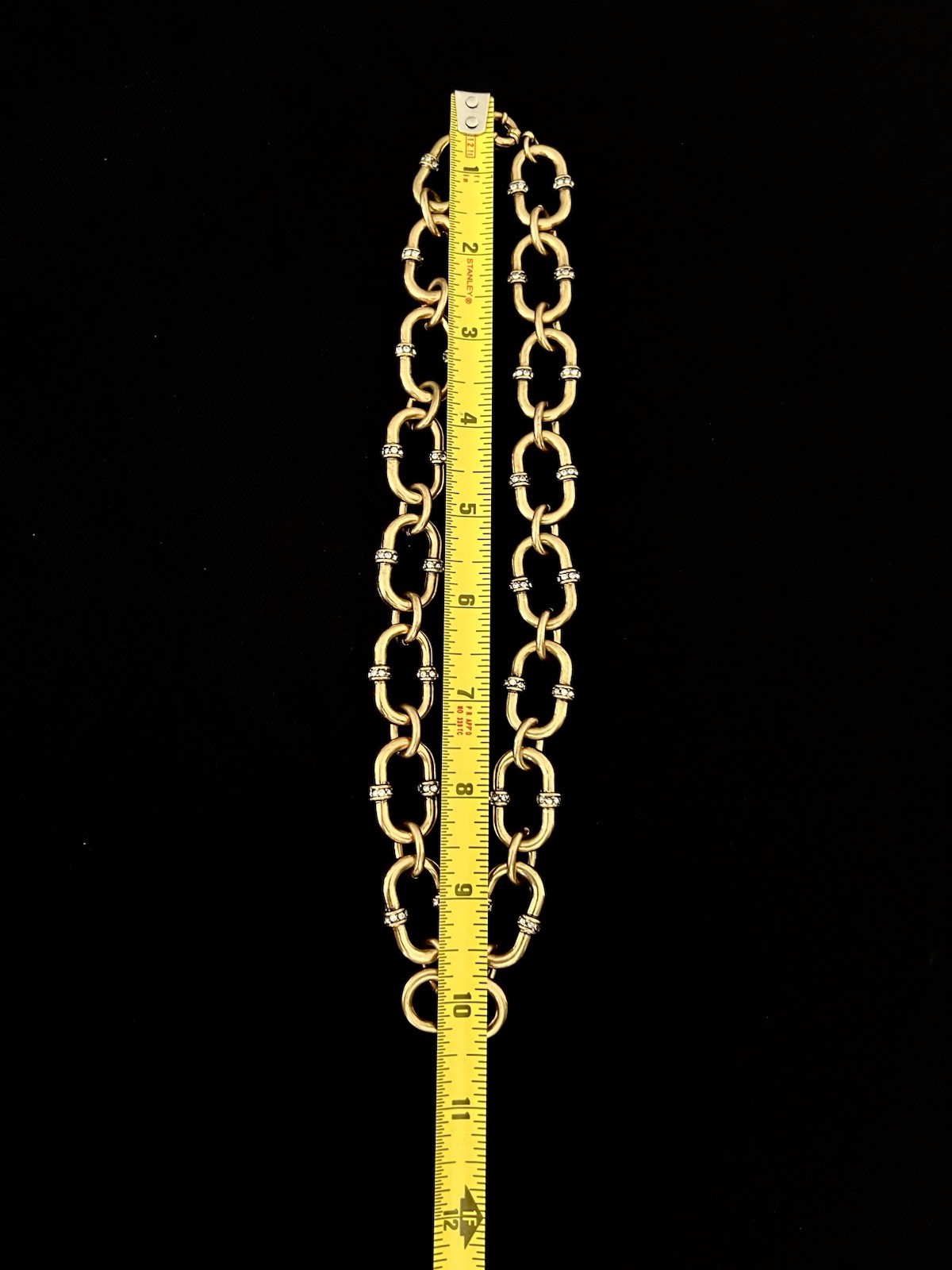 Heavy Chunky Antiqued Gold Tone Large Links Choker Faux Diamond Accents 22.5in