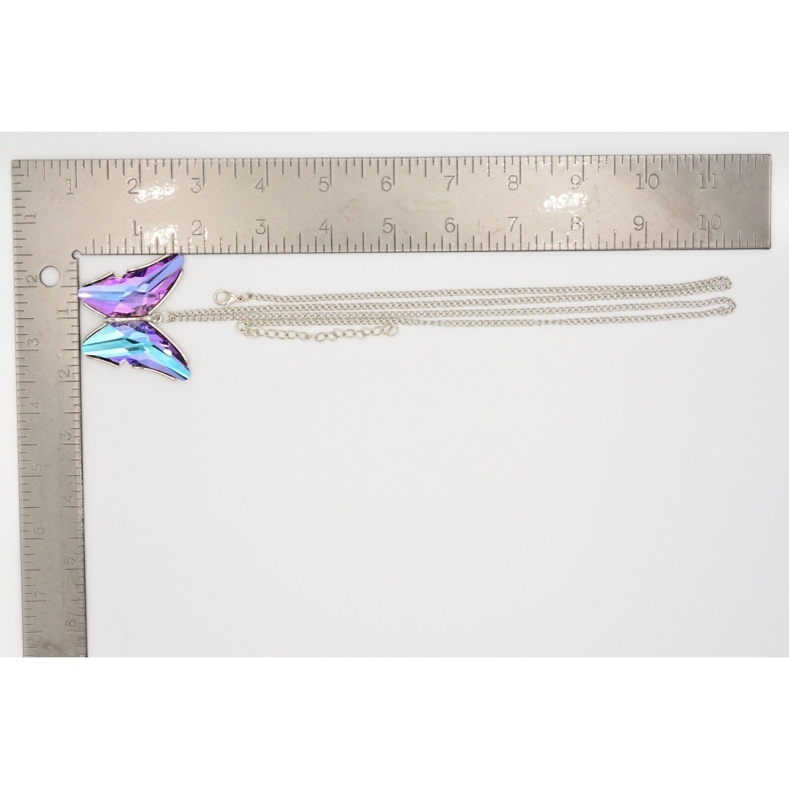 Vintage Crystal Butterfly Pendant Necklace Purple Blue Silver Chain 1990s Bin3C