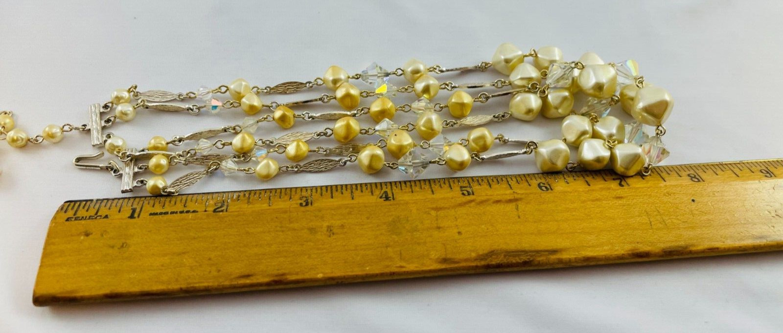 Vtg Multi Strand Faux Pearl Bicone Crystal Silver Tone Necklace Japan