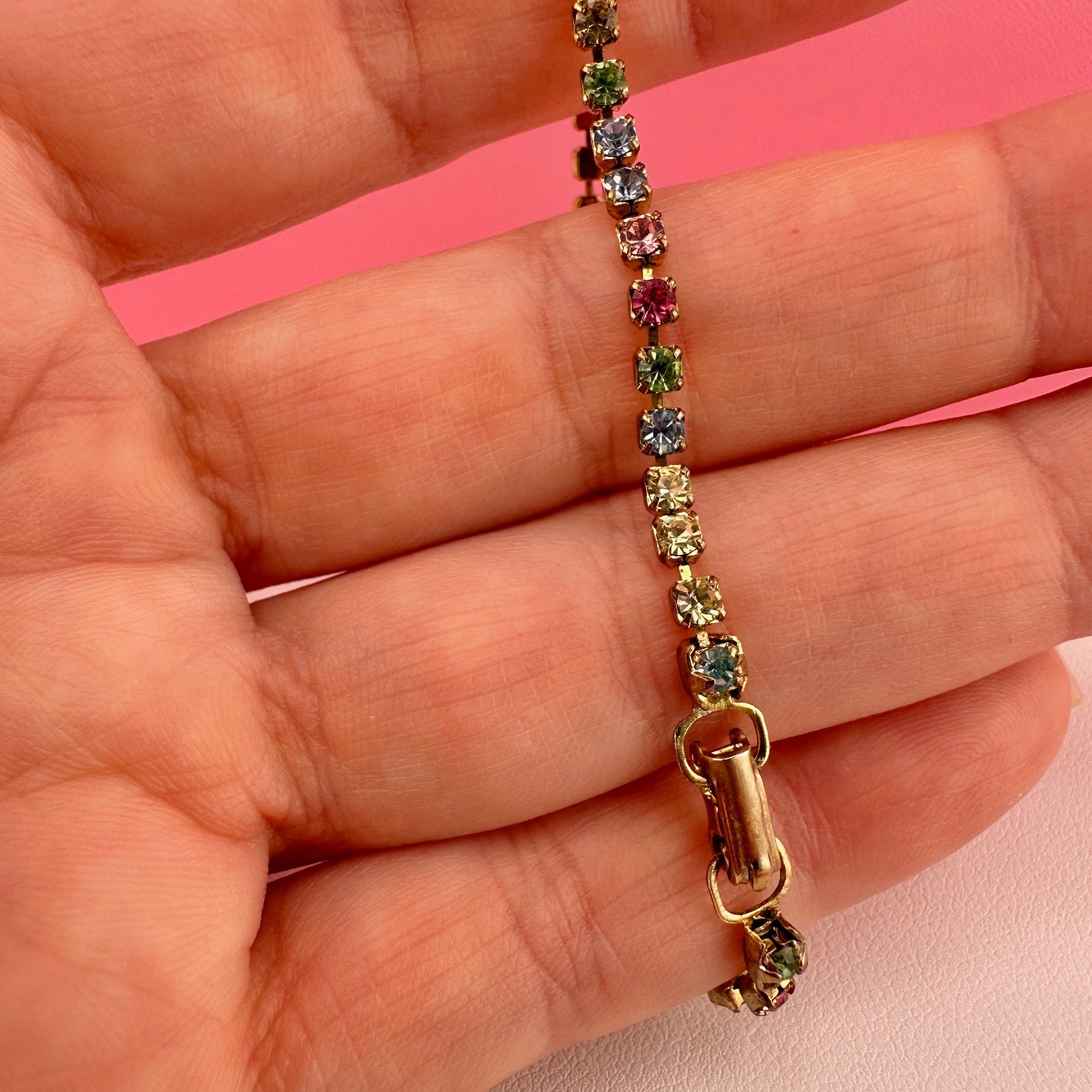 Vintage Rhinestone Bracelet Pastel Multi Color Gold Tone Tennis Cup Chain 6.75″