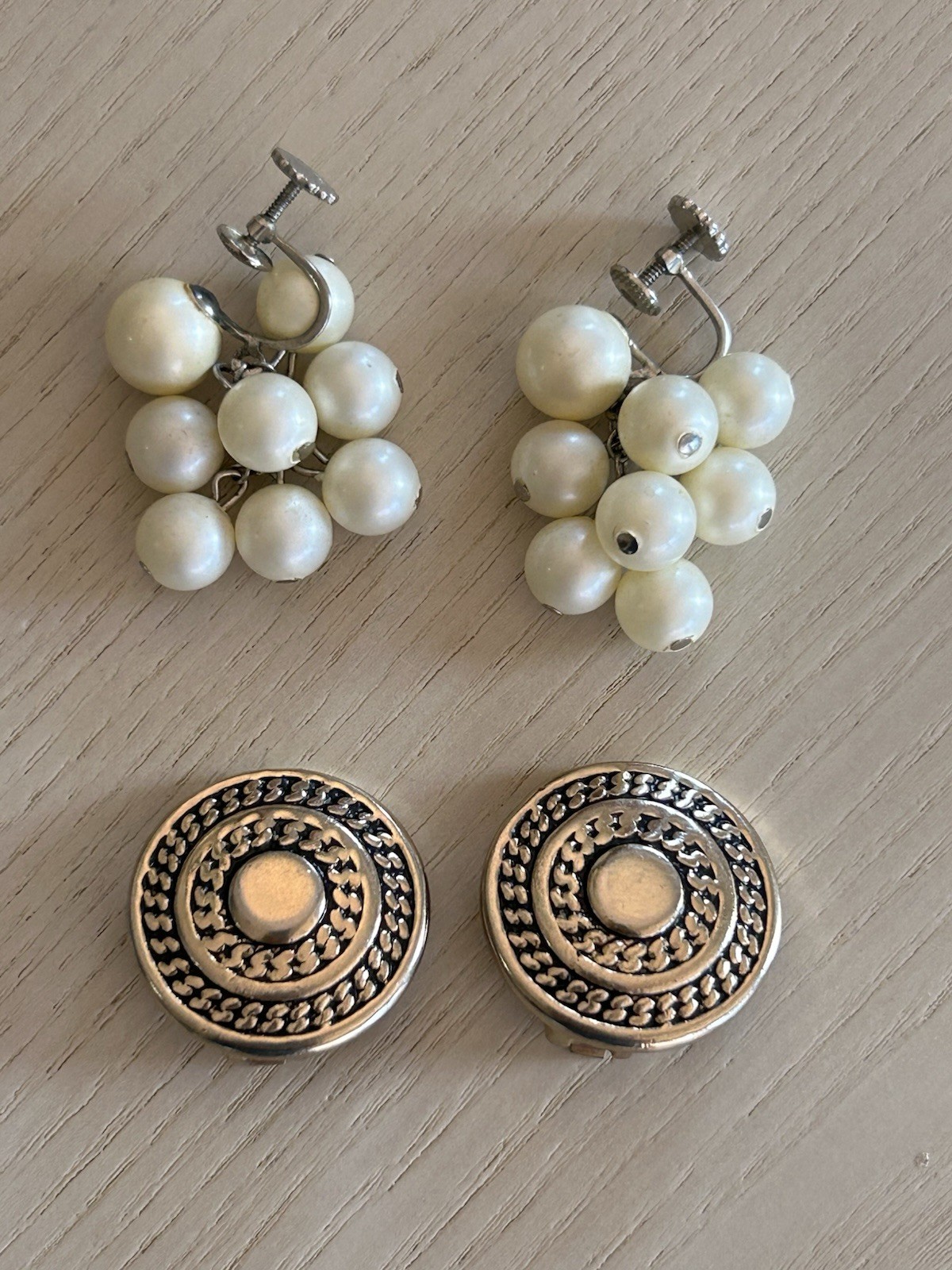 Vintage Silver Tone Clip On Earrings Lot Of 2 Medallion And Pearl Drop 1″
