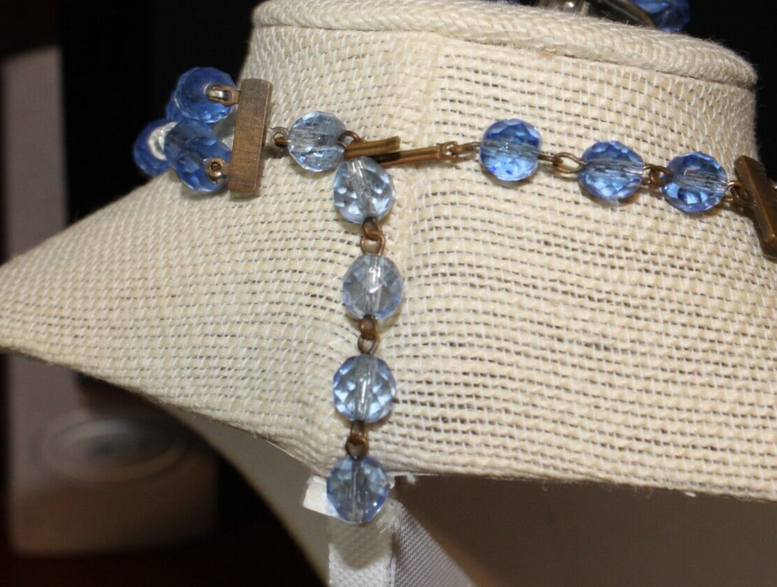 VTG AB BLUE 2 STRAND FACTED GLASS BEAD NECKLACE, BRACLET&CLUSTER CLIPS