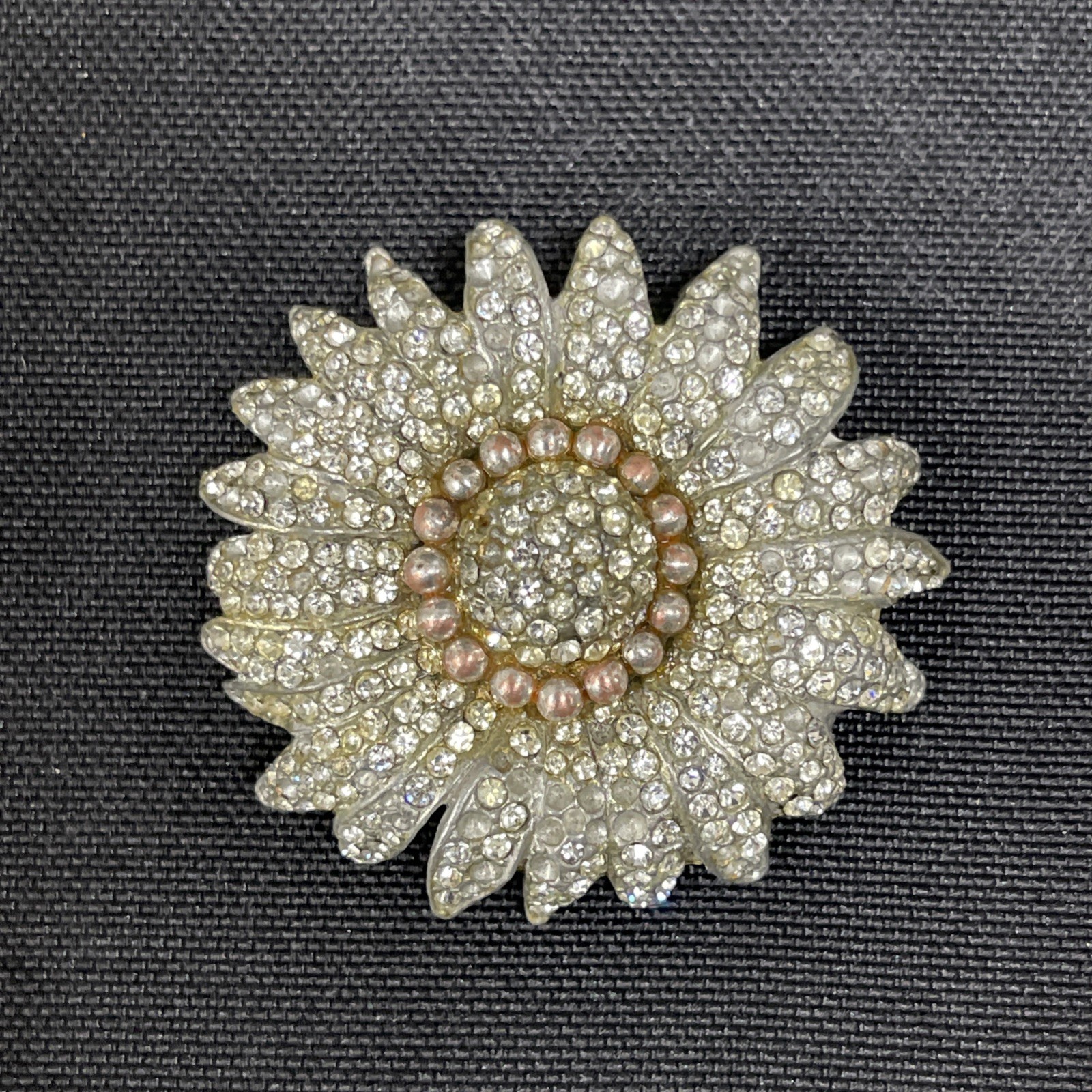 Vintage 1.5″ X 2″ Unmarked Silver Tone Rhinestone And Faux Pearl Flower Brooch