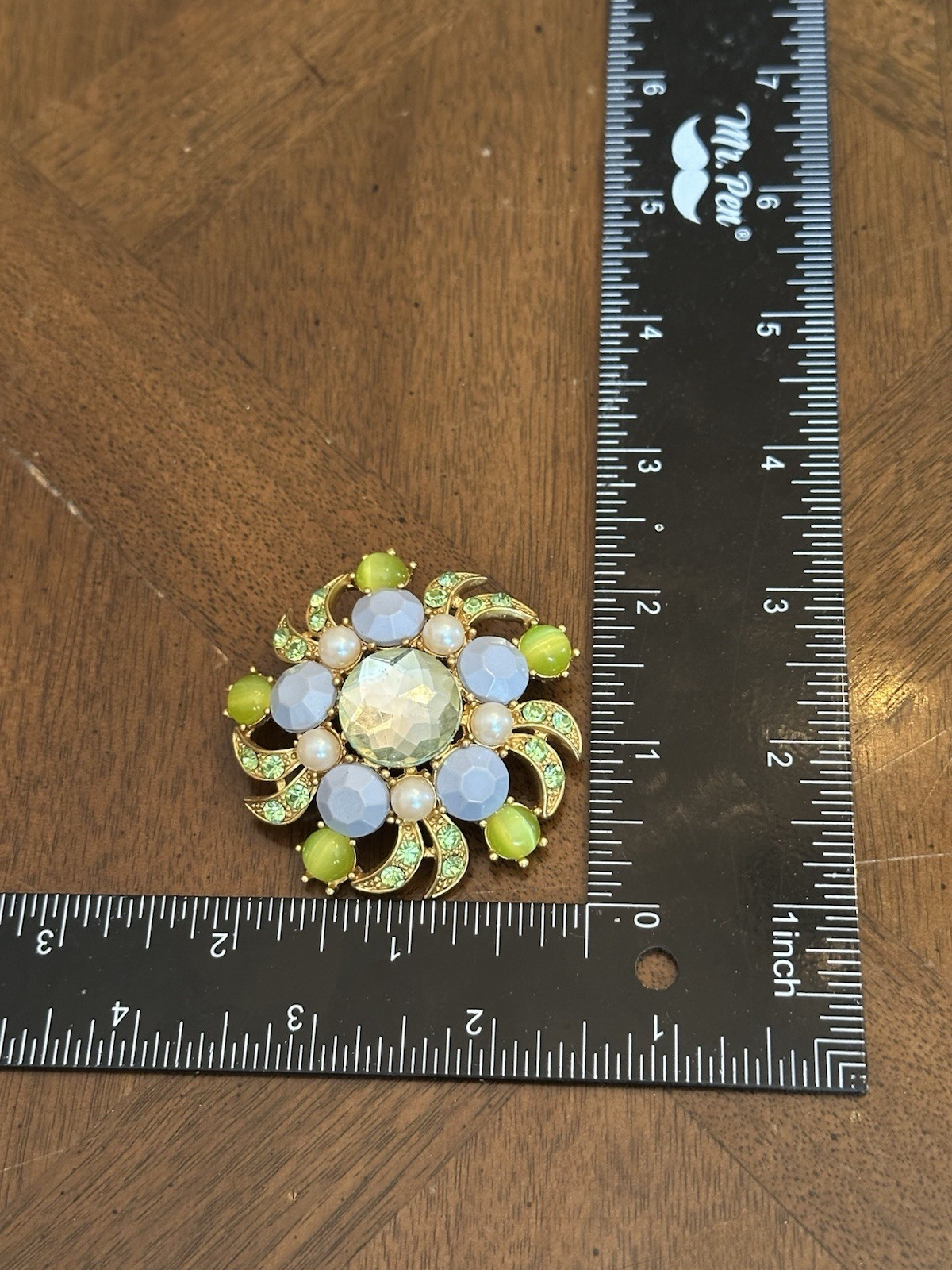 Vintage Blue & Green Rhinestone Faux Pearl Floral Cluster Brooch Gold Tone Nice!