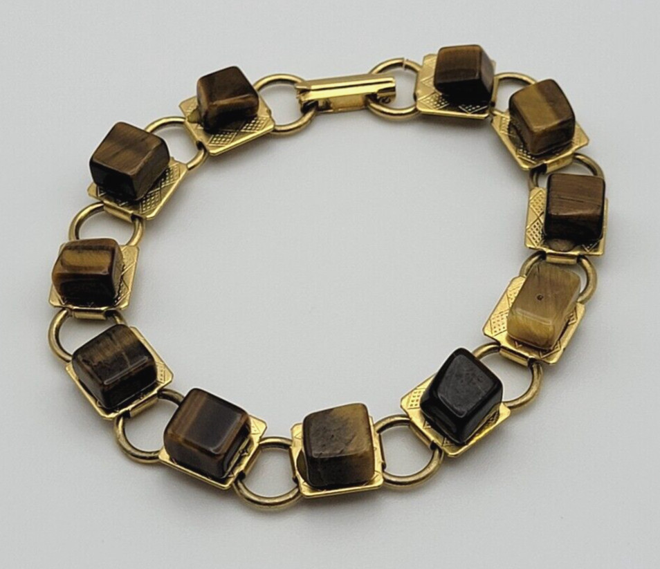 Vintage Art Deco Gold Tone Tiger’s Eye Square Bead Bracelet 7.25 in Fold Clasp