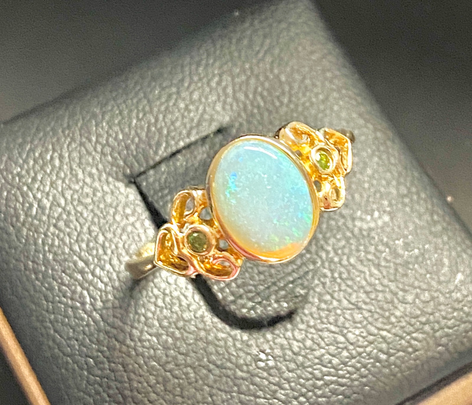 Vintage 14k Yellow Gold Heart Design Opal and Green Diamond Ring Size 7 to 7.25