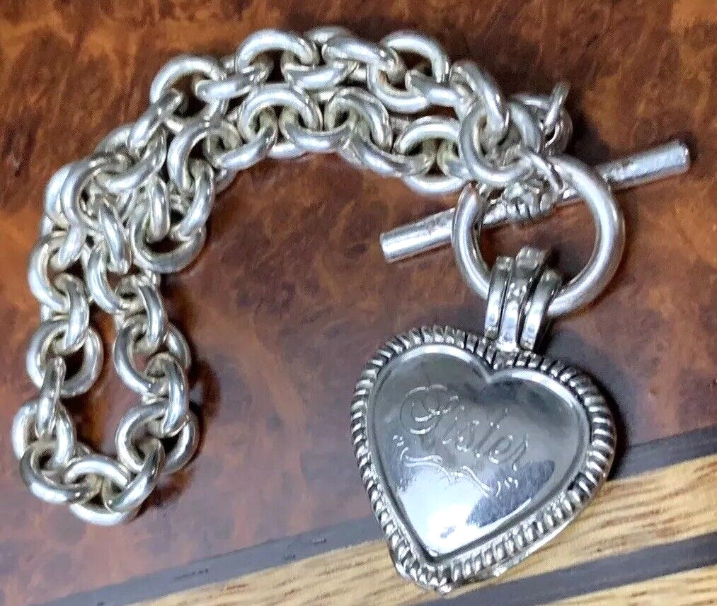 Vintage “Sister” JC Silver Plate Green Peridot Birthstone Ladies Heart Bracelet