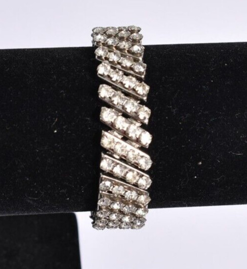 Vintage Clear Rhinestone Stretch Expanding Prong Set Silver Tone Bracelet