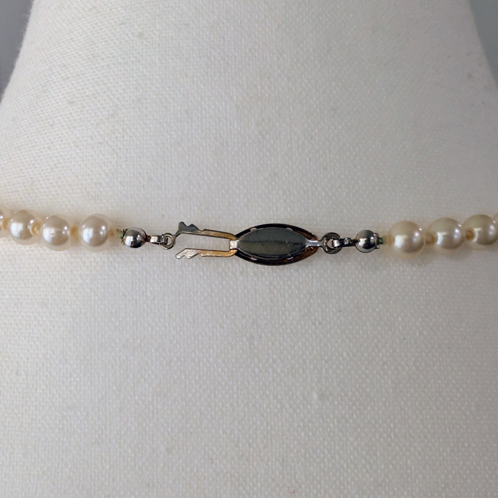 Vintage Glass Pearl Knotted Single Strand + Fish Hook Clasp Necklace 30″