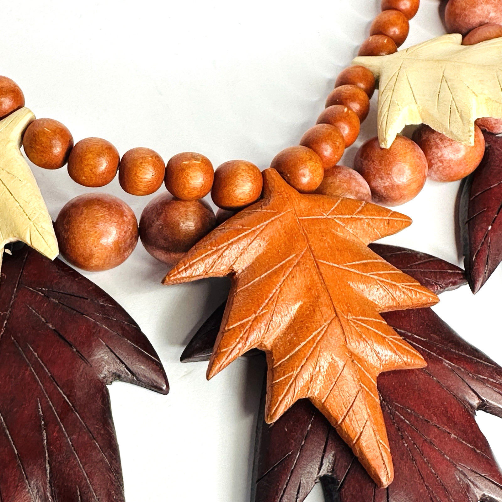 VTG Boho Wooden Leaf Necklace Double Strand Beaded Autumn Fall Colors Statement