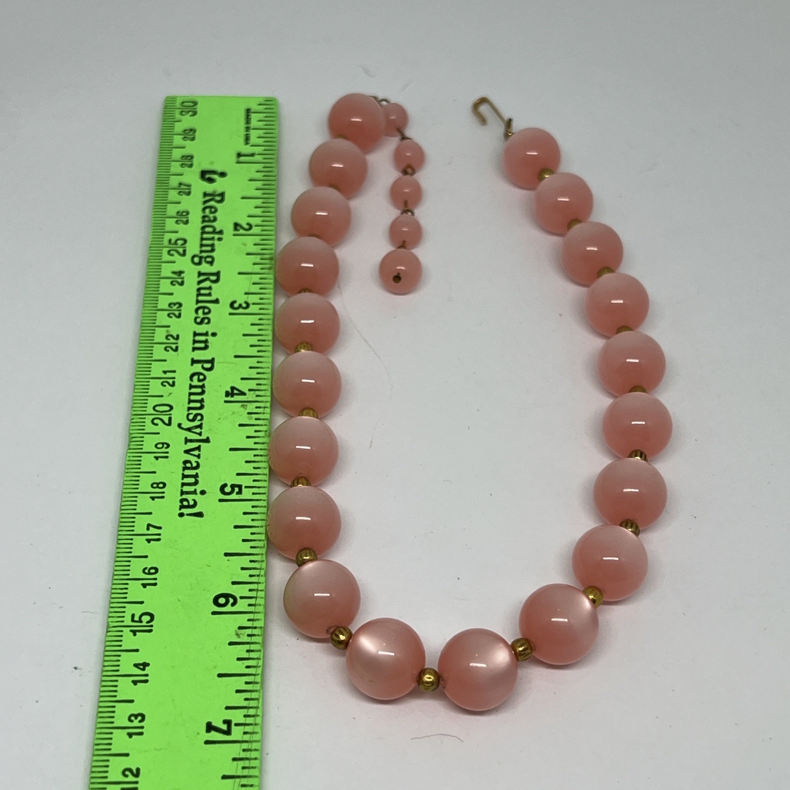 ⁠Vintage Pink Moonglow Lucite Bead 15”-17”Necklace Chunky J-Hook Choker