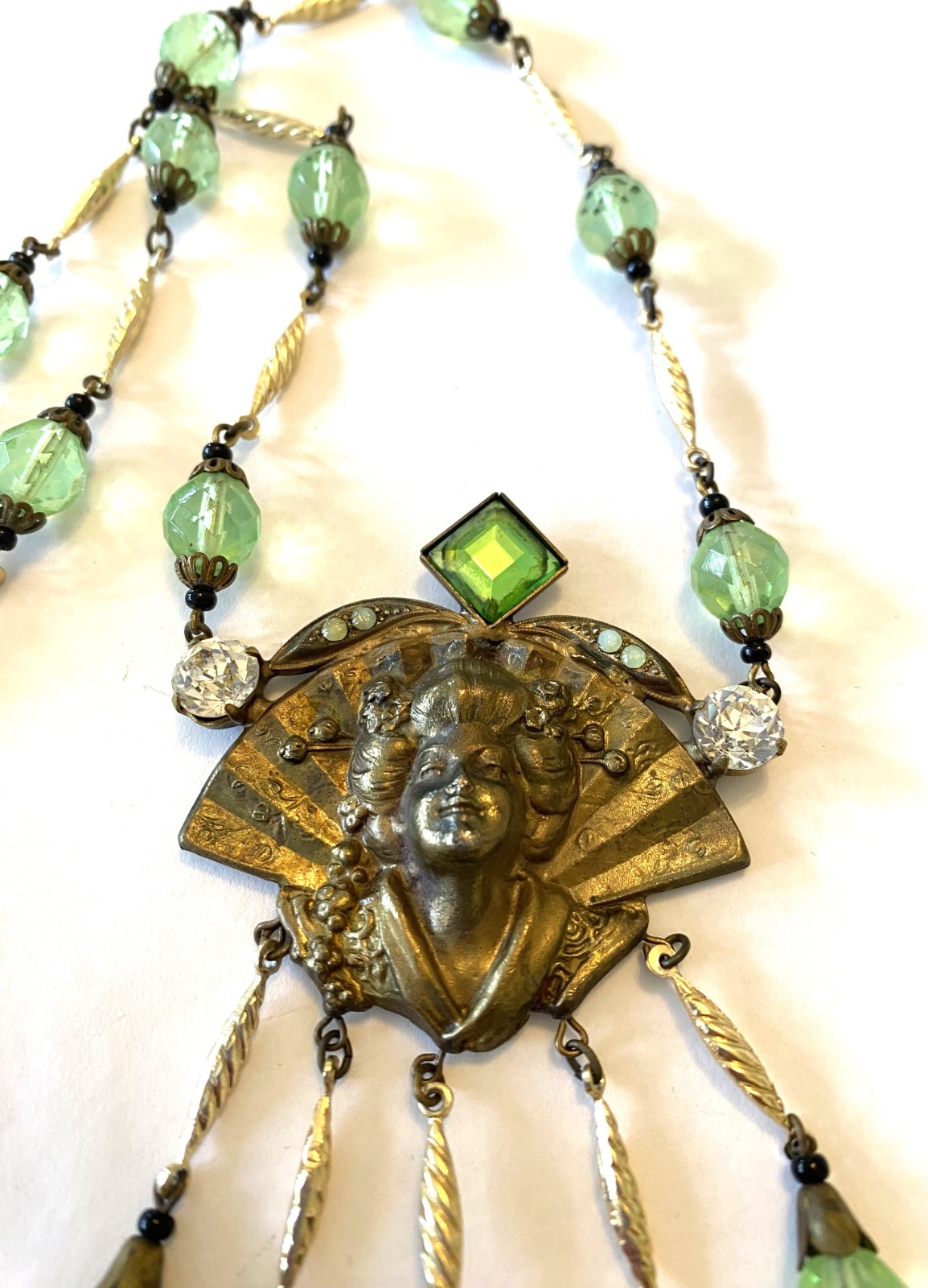 Vintage Art Deco Czech Glass Necklace- Geisha & Fan Motif, Green Glass Beads.