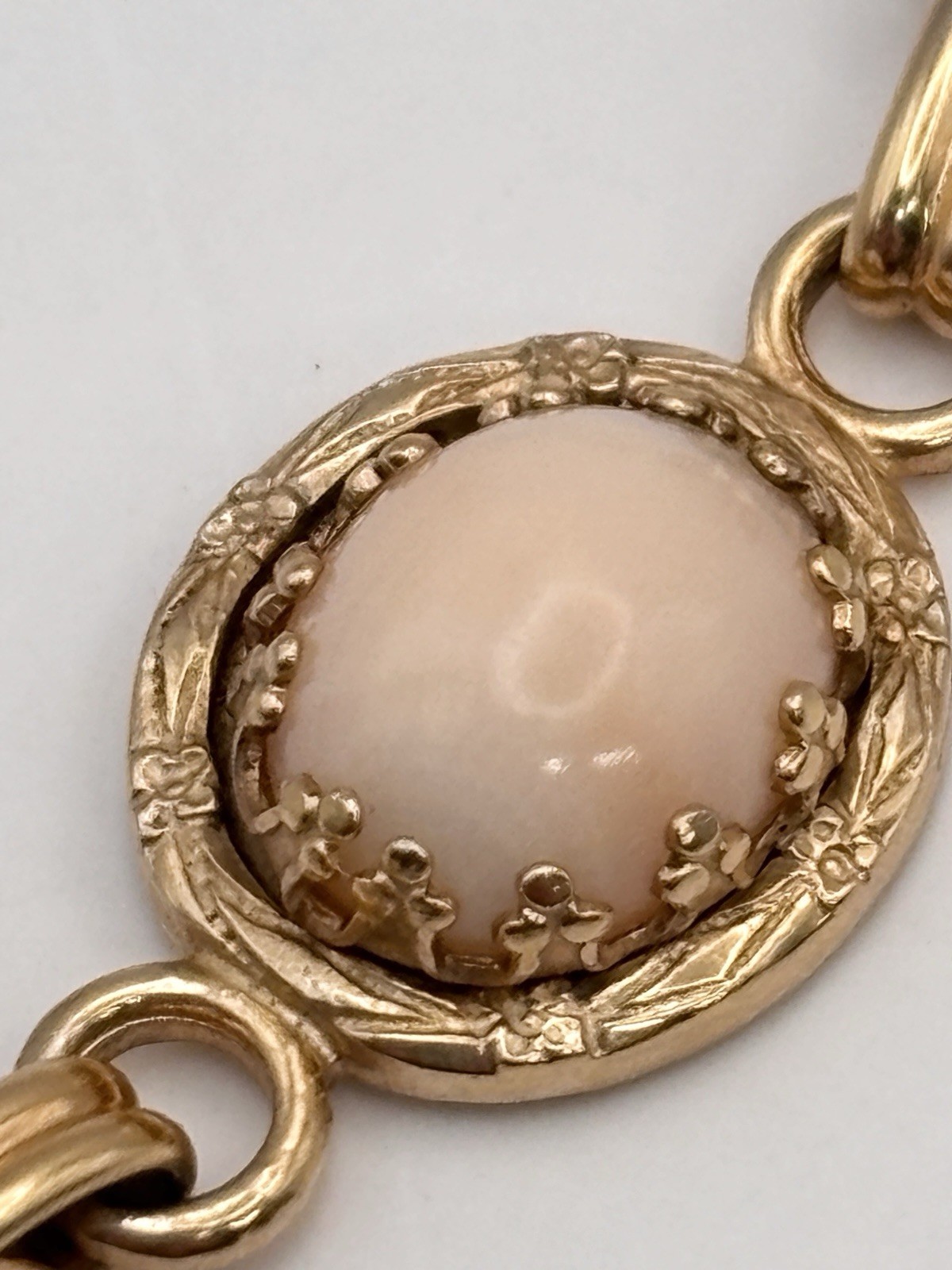 Gold Filled Angel Skin Coral Bracelet Pale Pink Cabochon Victorian Chain