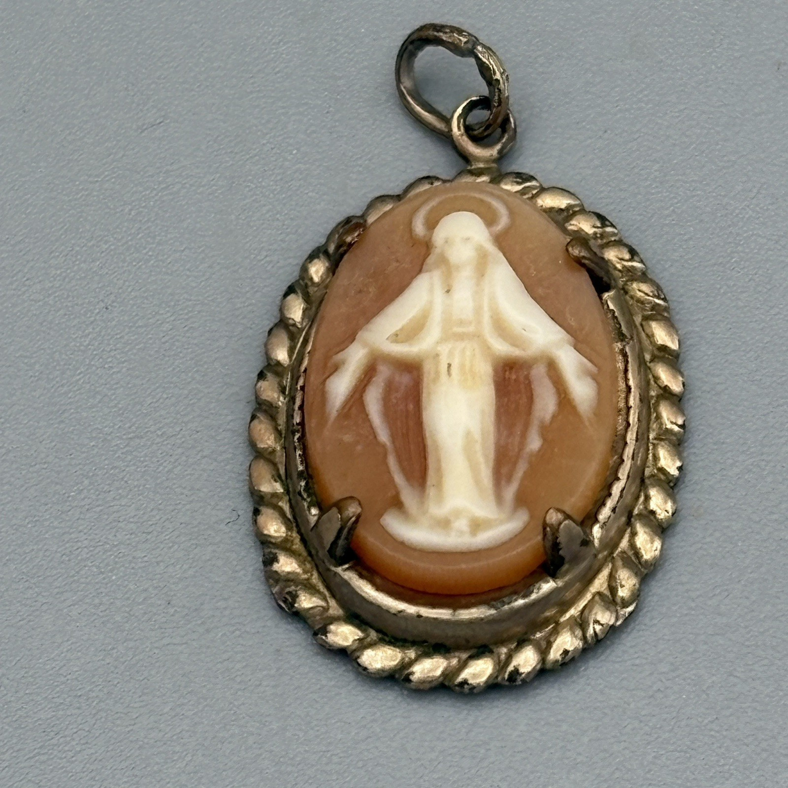 Vintage Miraculous Medal Virgin Mary Pendant Carved Shell Cameo 12K Gold Filled