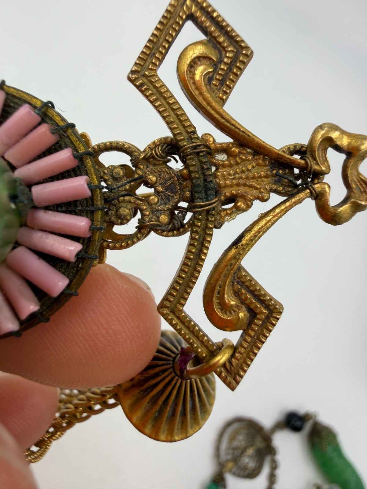 Vintage Brooch Miriam Haskell Brass Pink Green Glass Swag Festoon Signed PJ