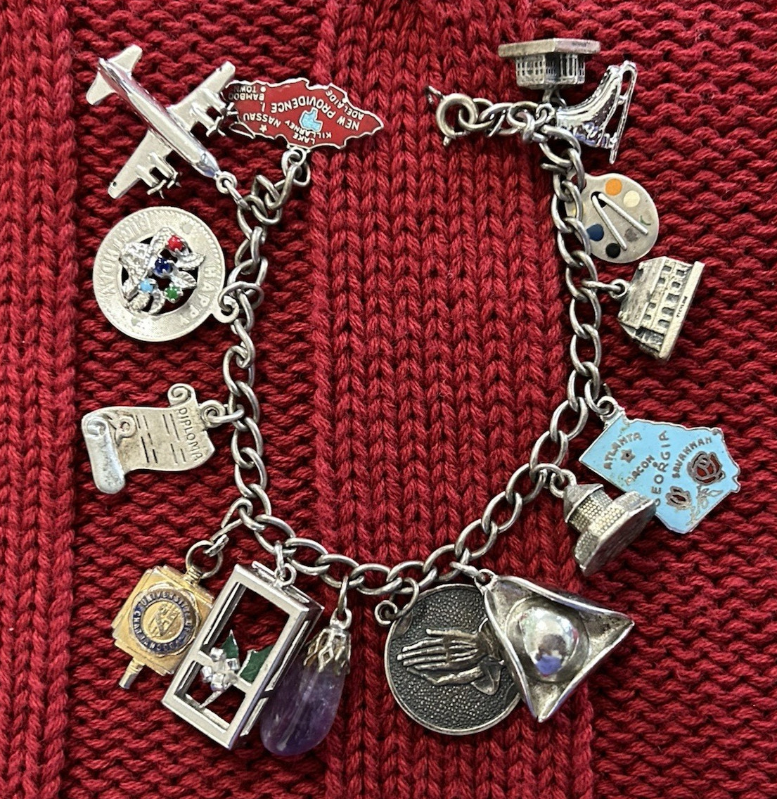 Vtg Sterling Silver Charm Bracelet w 15 Travel Buildings State Diploma UTC 47g