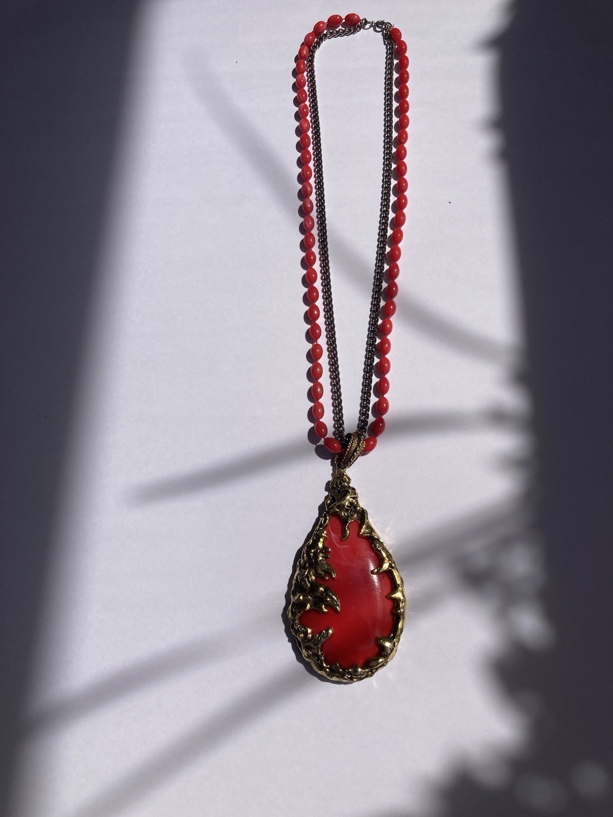 Vintage 1960s Brutalist Love Witch Necklace Deep Coral Lucite Gold Pendant