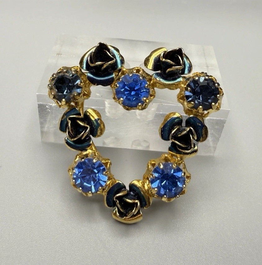 Austrian Brooch Blue Rhinestones Enamel Roses Prong Set Gold Tone Metal VTG