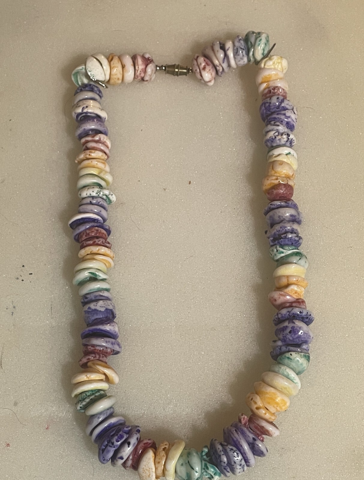 1970’S 18 inch stone necklace slices of color blue, peach purple green white