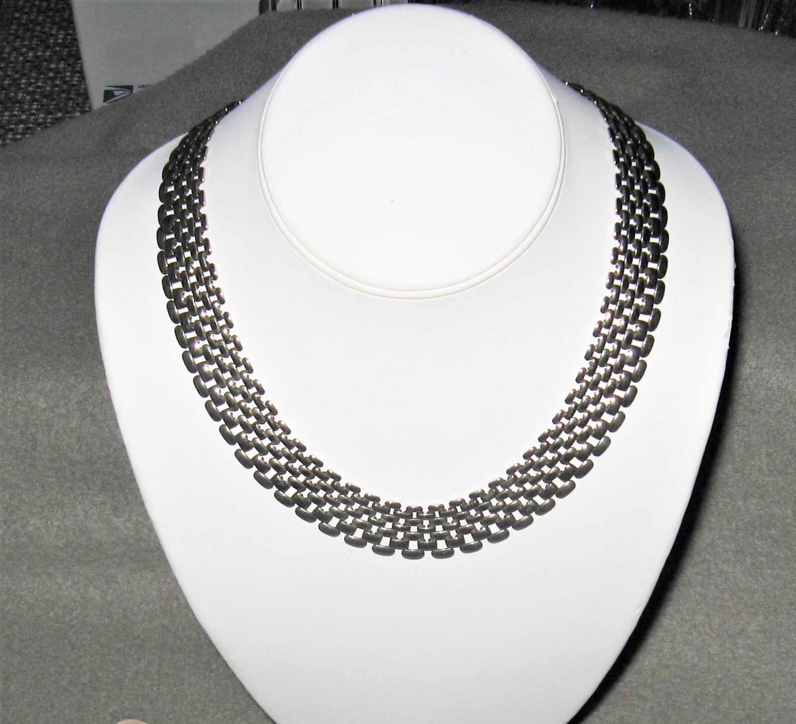 VINTAGE SILVER TONE METAL BEADED ROWS LINKED 18 INCH CHOKER NECKLACE