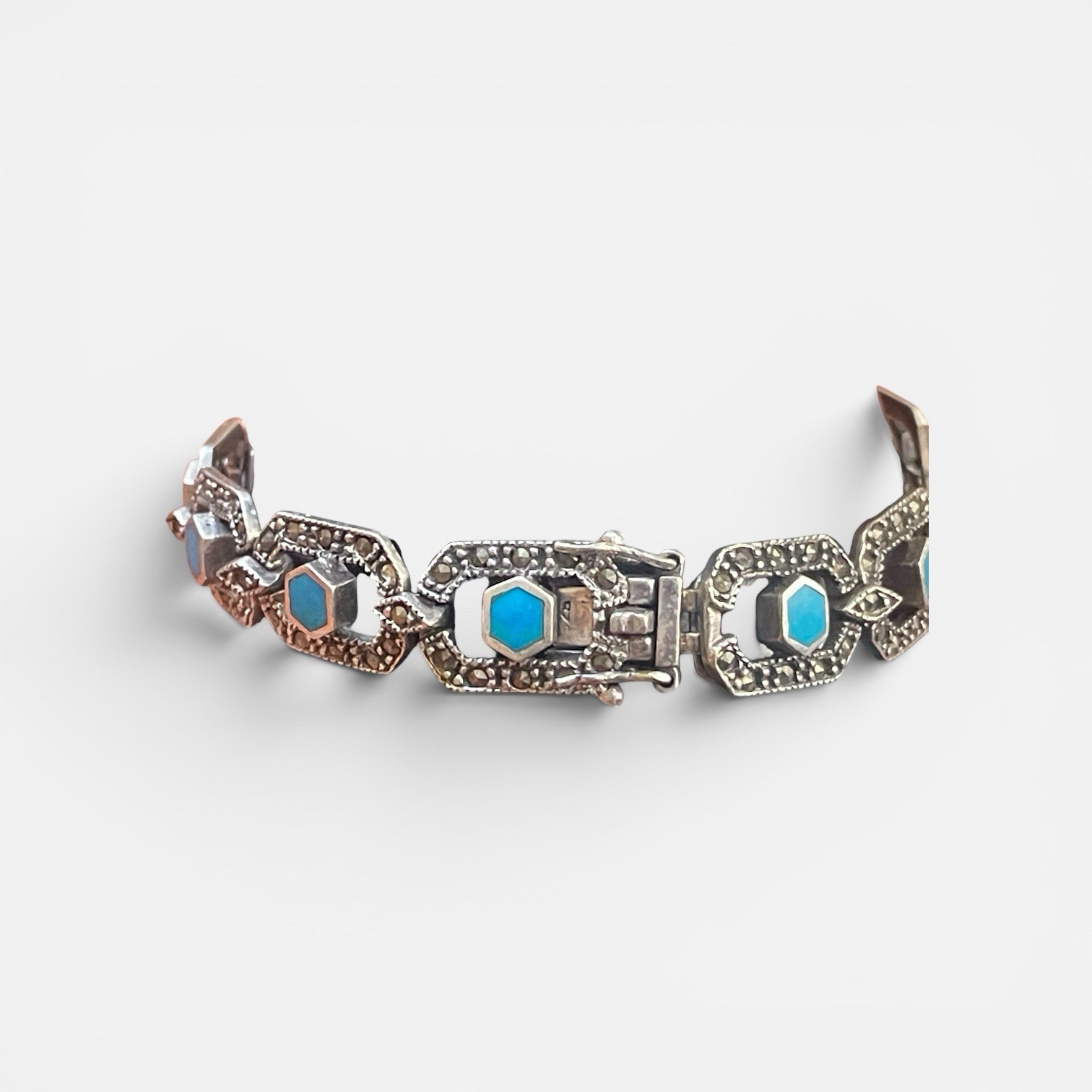 VTG .925 Stamped Sterling Silver Geometric Blue Turquoise Bracelet And Earrings
