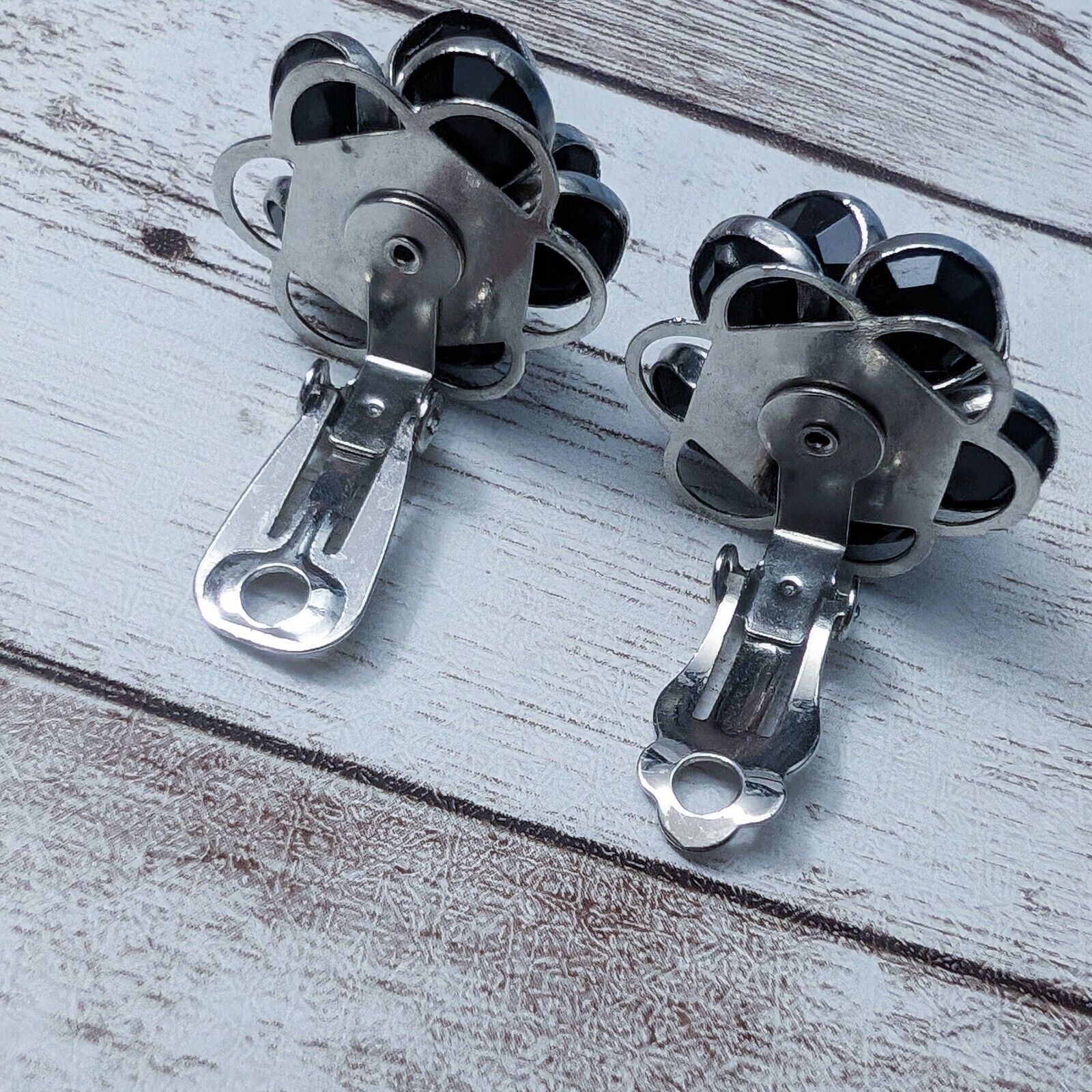 Vintage Clip On Earrings – Black & Silver Tone Flower with Clear Gem