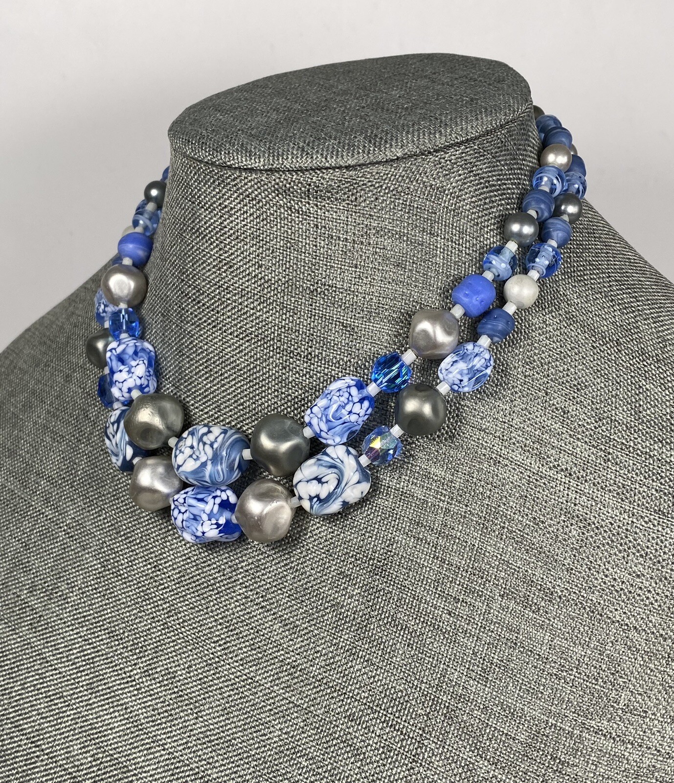 Japan Necklace Two strands Blue Glass Acrylic Beads 14”+ 2”