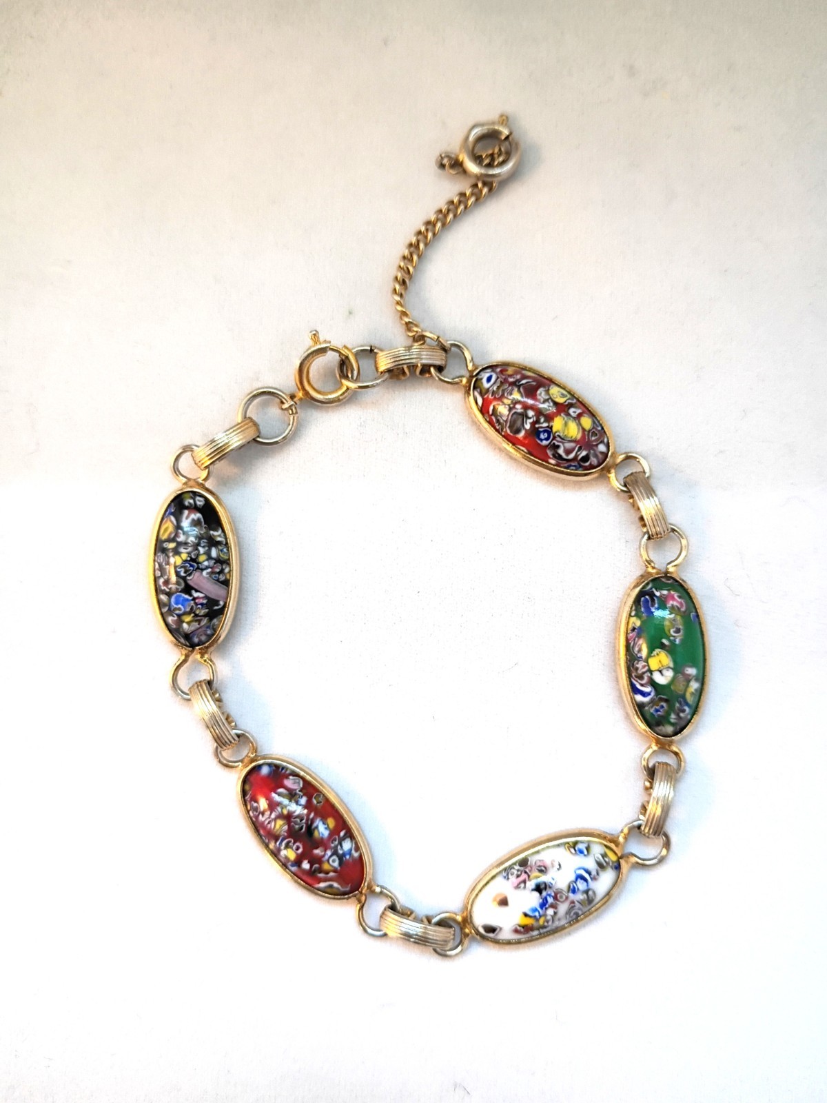 Vintage multi color enamel cabochon bracelet with lobster clasp safety chain
