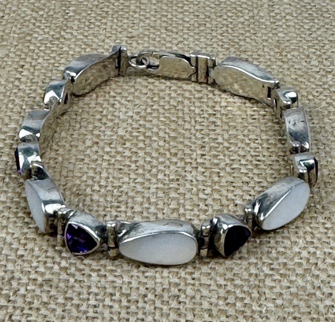 Vintage Acleoni Silver 925 Trillion Amethyst & Luminous Mother Of Pearl Bracelet