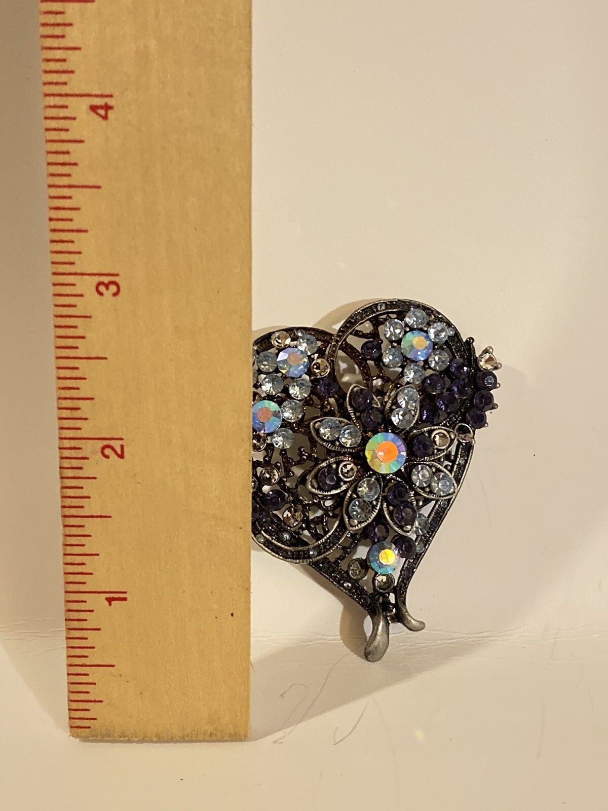 Vintage 1990s 1980s pewter Ice Blue Rhinestone ornate Heart Brooch