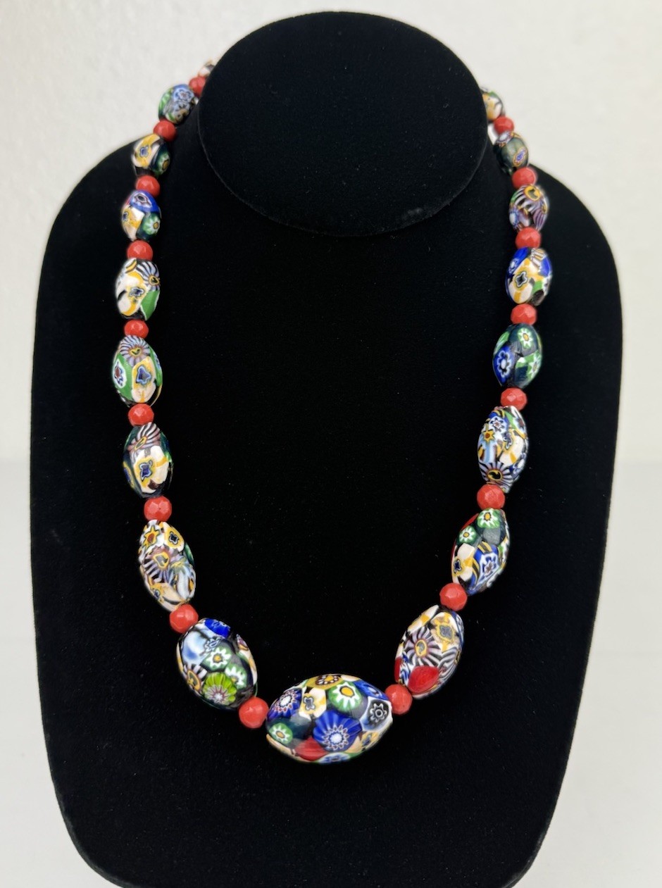 Venetian Millefiori Glass Graduated Bead Necklace Multicolor Oval Beaded 19” VTG