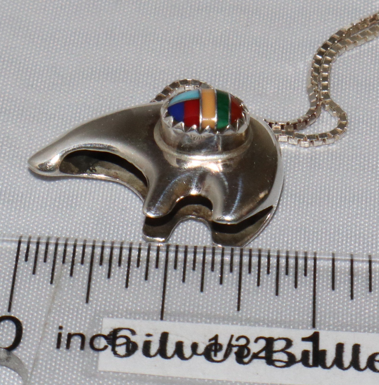 Vintage Sterling Silver Inlay Stone Fetish Bear Pendant Necklace 18″ Chain 6.4gm