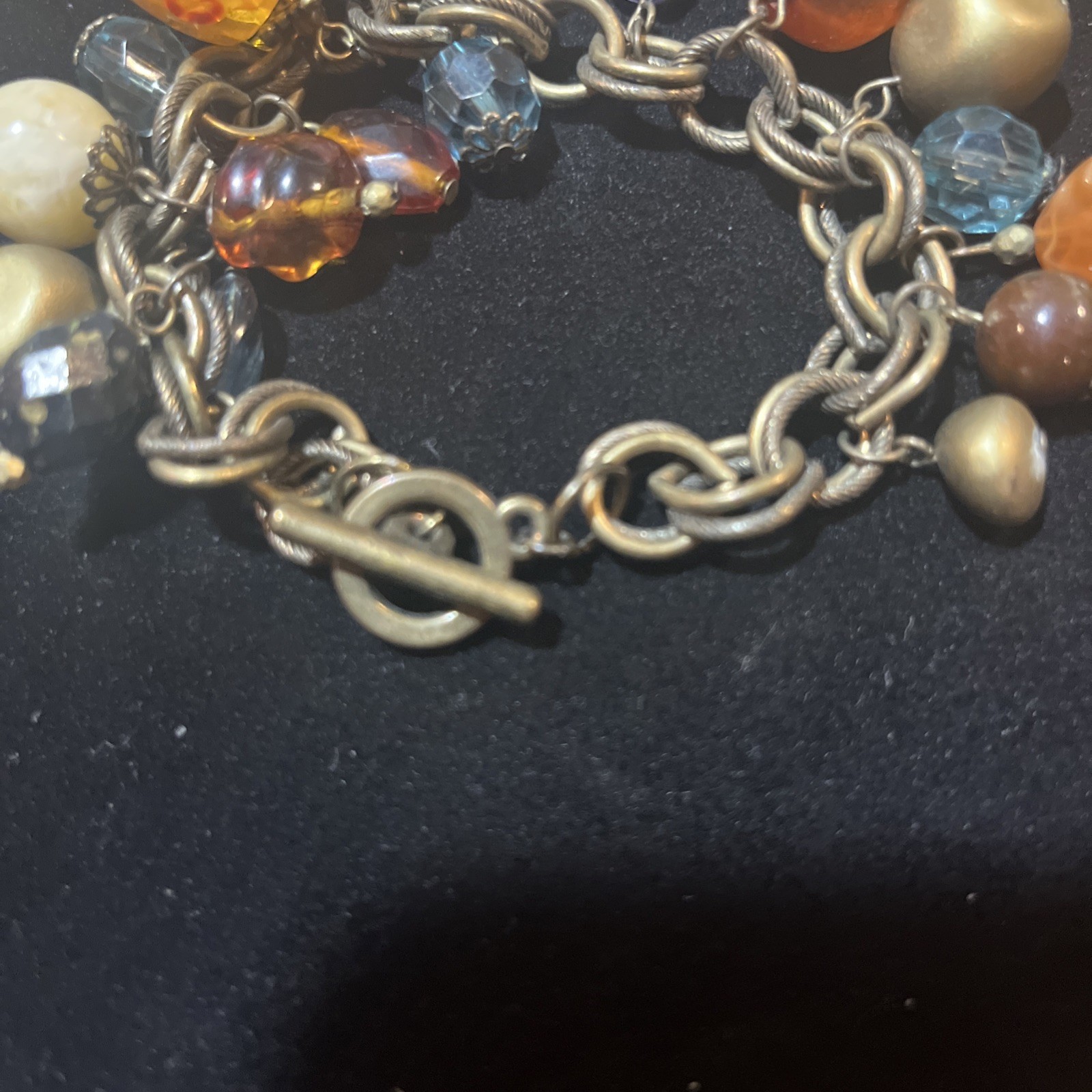 Vintage Bronze Color Faux Gemstone Resin Beads Charm Bracelet Toggle Closure 8”