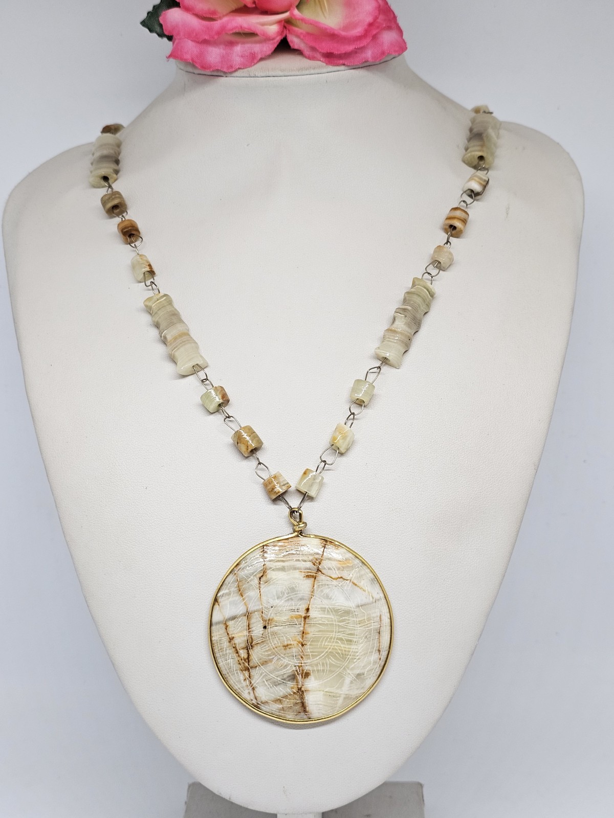 Vintage Carved Agate Beaded Necklace Etched Aztec Sun Disc Pendant
