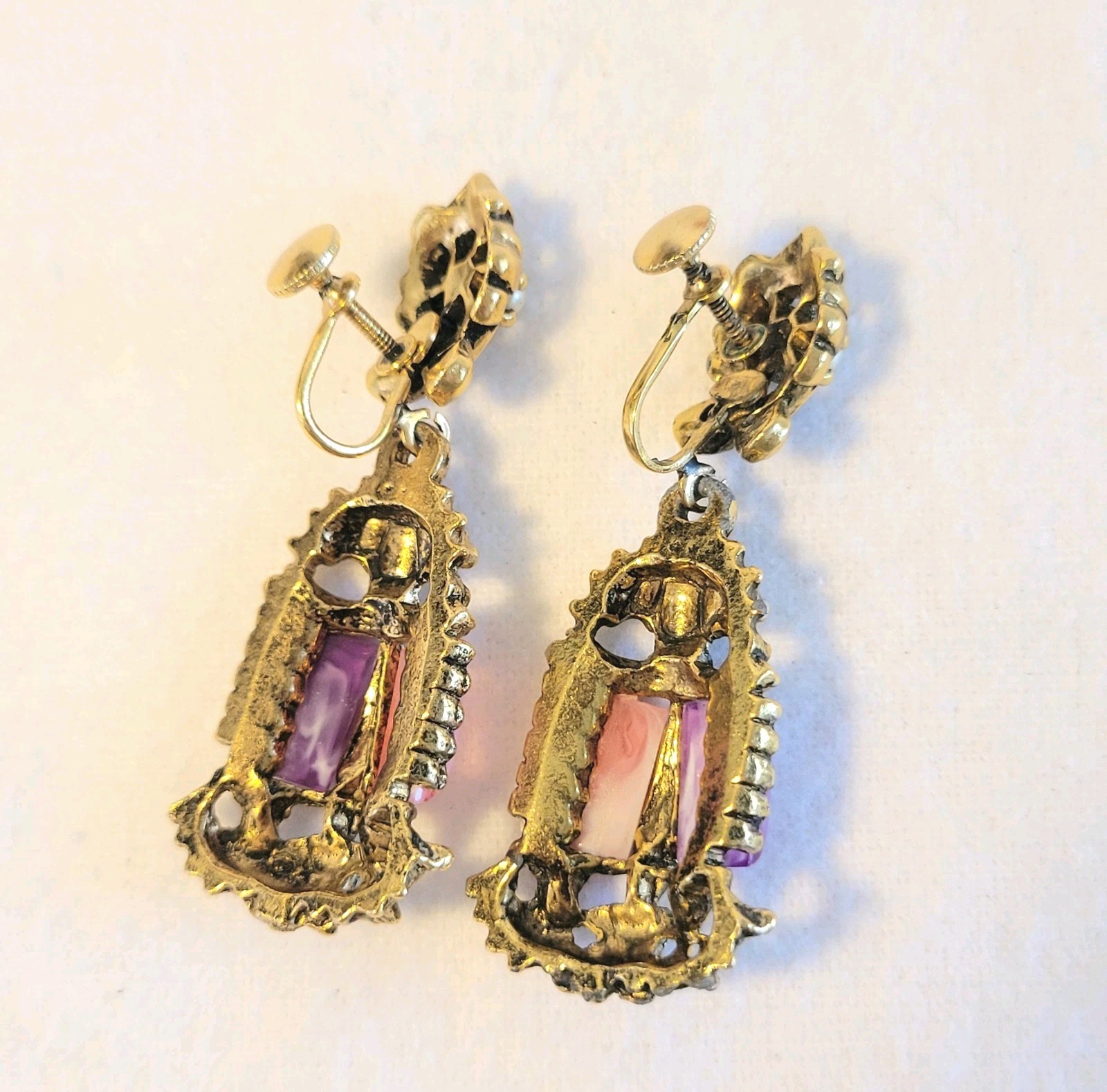 Vtg Selini Pink Purple Confetti Lucite Necklace Earring Set *Unsigned* Victorian