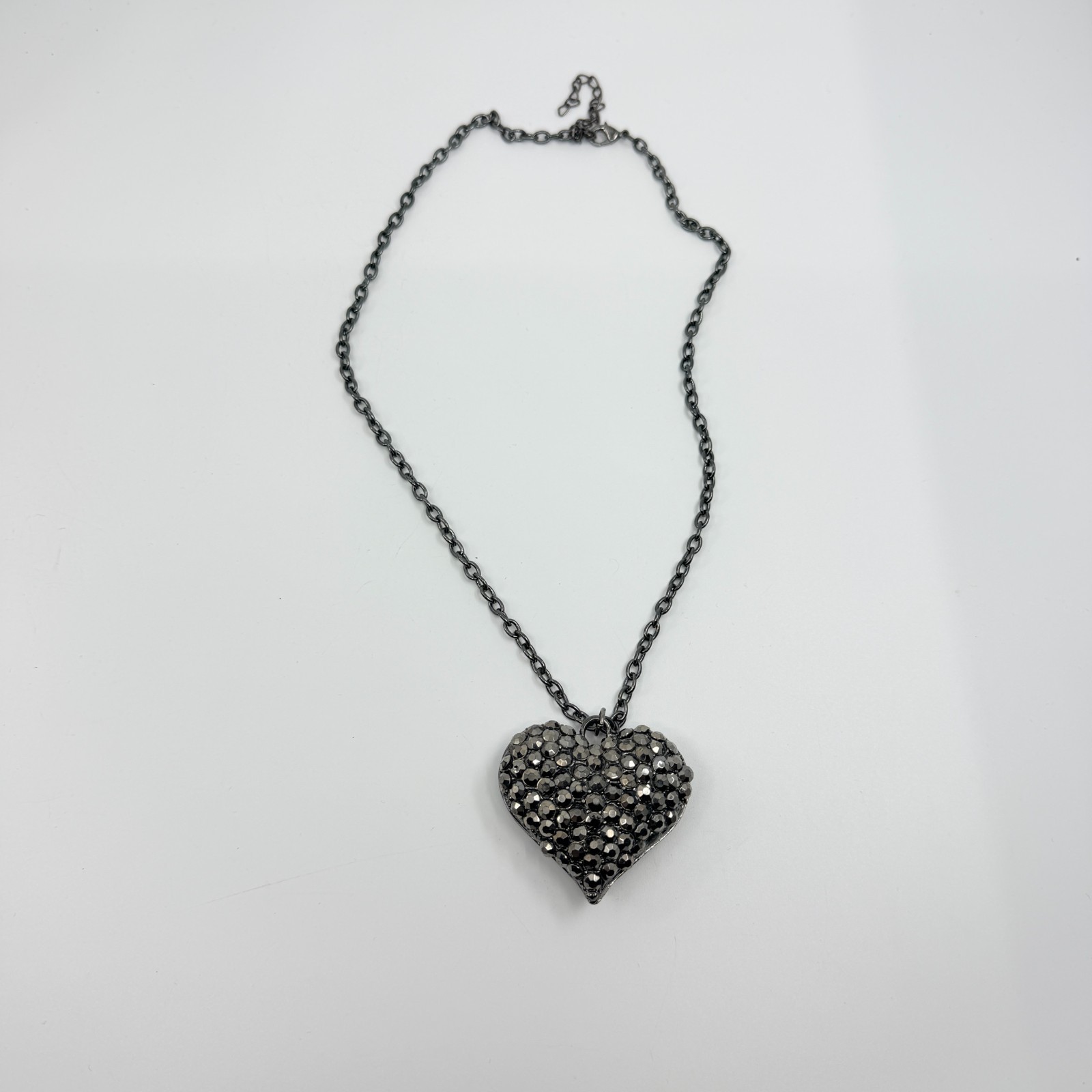 Vintage Y2K Gunmetal Pave Rhinestone Puffy Heart Pendant Necklace Grunge Goth